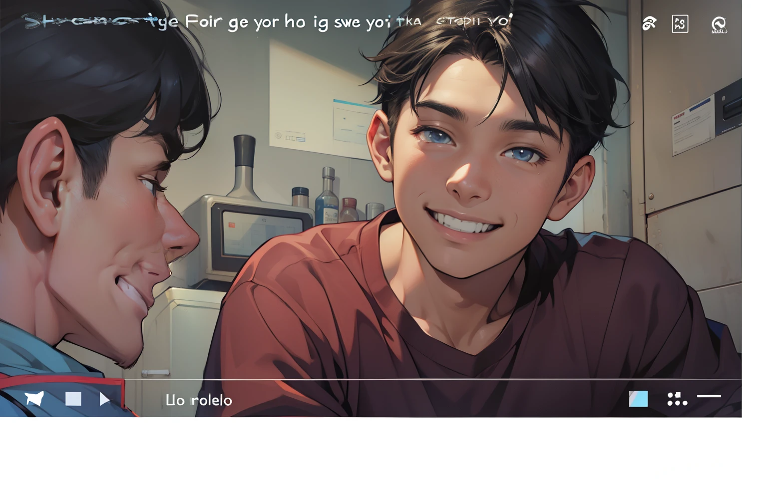 A handsome 13-year-old boy looks at his friend and smiles at Abello blue