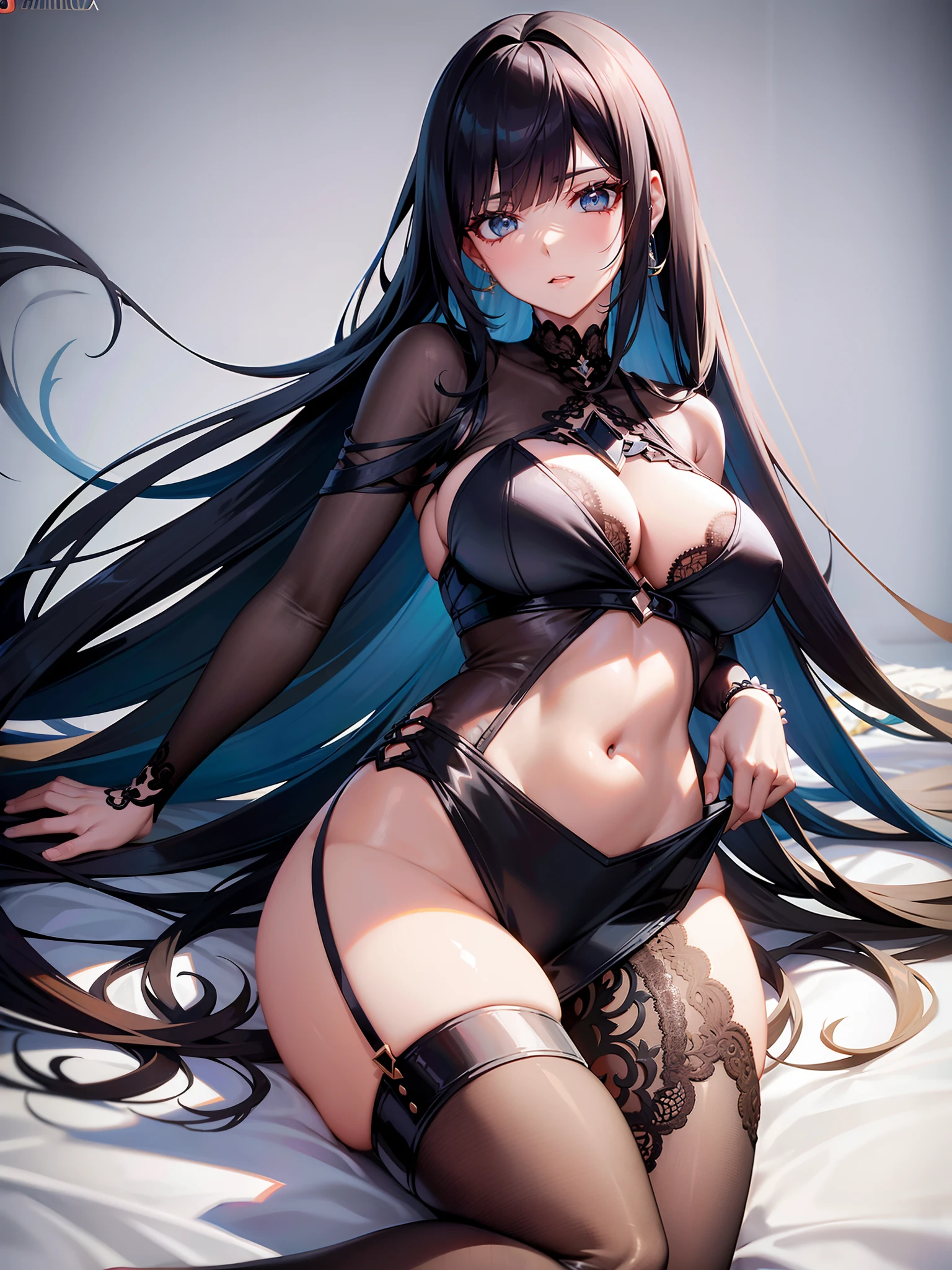 Mulher com cabelo longo com mechas loiraa, Pose sedutora, Sexy clothes with amazing details, olhos extremamente detalhados, seios muito grandes, quadril mega grande, imagem de alta qualidade 4k, apartamento.