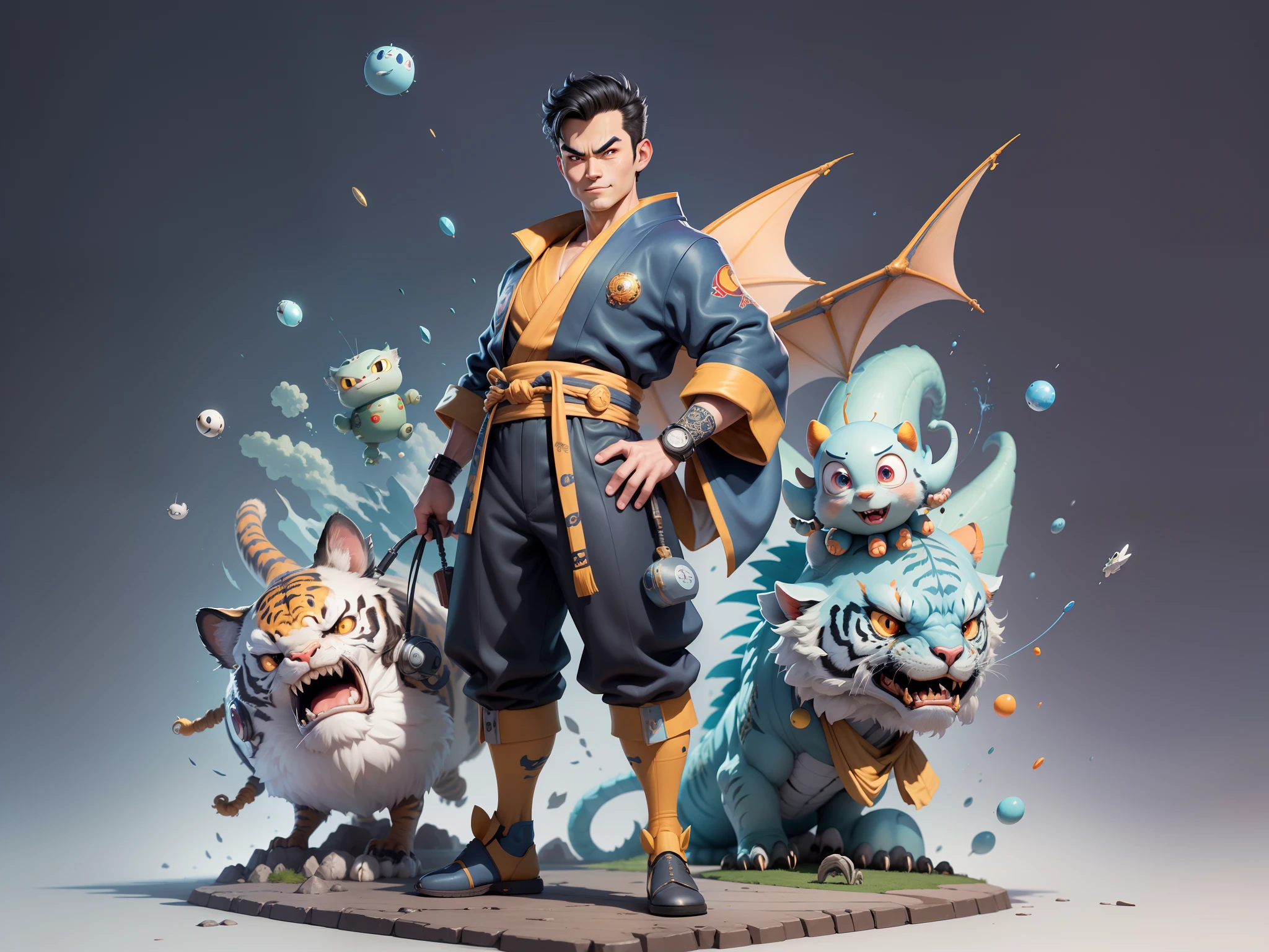 (Masterpiece), (Excellent), (Super Meticulous), (Full Body: 1.2), Super Young Man, Oriental Face, Japanese Kimono, Japanese Wind Thunder God, Dragon, Tiger, TV Anchor, Bust Portrait Illustration, Alone, Black Suit, Blue Tie, Slightly Chubby Face, Very Clean Face, No Beard, Black Super Short Hair, Black Eyes, Confident Smile, 3c Computer Sub-Products, iPad, iPhone, Digital Painting, 3D Character Design by Akira Toriyama and Mark Claireden and Pixar and Hayao Miyazaki, The illustration is a high-definition illustration in 4K resolution with very detailed facial features and cartoon-style visuals.