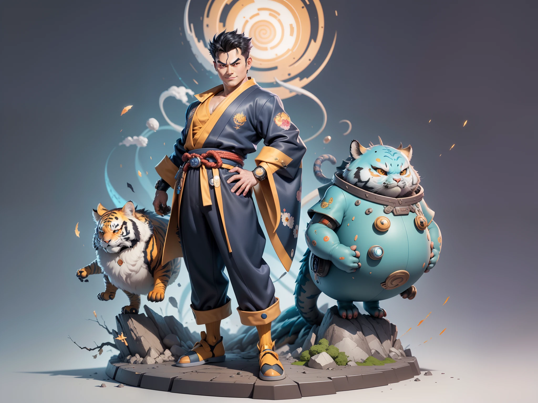 (Masterpiece), (Excellent), (Super Meticulous), (Full Body: 1.2), Super Young Man, Oriental Face, Japanese Kimono, Japanese Wind Thunder God, Dragon, Tiger, TV Anchor, Bust Portrait Illustration, Alone, Black Suit, Blue Tie, Slightly Chubby Face, Very Clean Face, No Beard, Black Super Short Hair, Black Eyes, Confident Smile, 3c Computer Sub-Products, iPad, iPhone, Digital Painting, 3D Character Design by Akira Toriyama and Mark Claireden and Pixar and Hayao Miyazaki, The illustration is a high-definition illustration in 4K resolution with very detailed facial features and cartoon-style visuals.