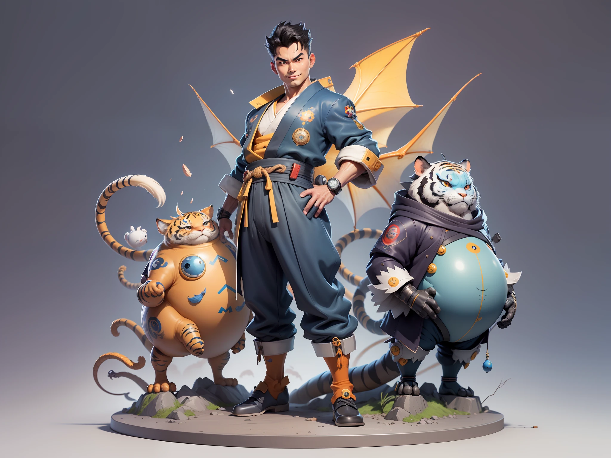(Masterpiece), (Excellent), (Super Meticulous), (Full Body: 1.2), Super Young Man, Oriental Face, Japanese Kimono, Japanese Wind Thunder God, Dragon, Tiger, TV Anchor, Bust Portrait Illustration, Alone, Black Suit, Blue Tie, Slightly Chubby Face, Very Clean Face, No Beard, Black Super Short Hair, Black Eyes, Confident Smile, 3c Computer Sub-Products, iPad, iPhone, Digital Painting, 3D Character Design by Akira Toriyama and Mark Claireden and Pixar and Hayao Miyazaki, The illustration is a high-definition illustration in 4K resolution with very detailed facial features and cartoon-style visuals.