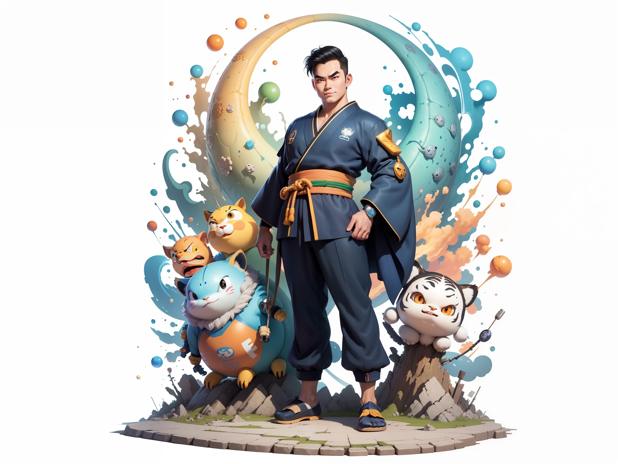 (Masterpiece), (Excellent), (Super Meticulous), (Full Body: 1.2), Super Young Man, Oriental Face, Japanese Kimono, Japanese Wind Thunder God, Dragon, Tiger, TV Anchor, Bust Portrait Illustration, Alone, Black Suit, Blue Tie, Slightly Chubby Face, Very Clean Face, No Beard, Black Super Short Hair, Black Eyes, Confident Smile, 3c Computer Sub-Products, iPad, iPhone, Digital Painting, 3D Character Design by Akira Toriyama and Mark Claireden and Pixar and Hayao Miyazaki, The illustration is a high-definition illustration in 4K resolution with very detailed facial features and cartoon-style visuals.