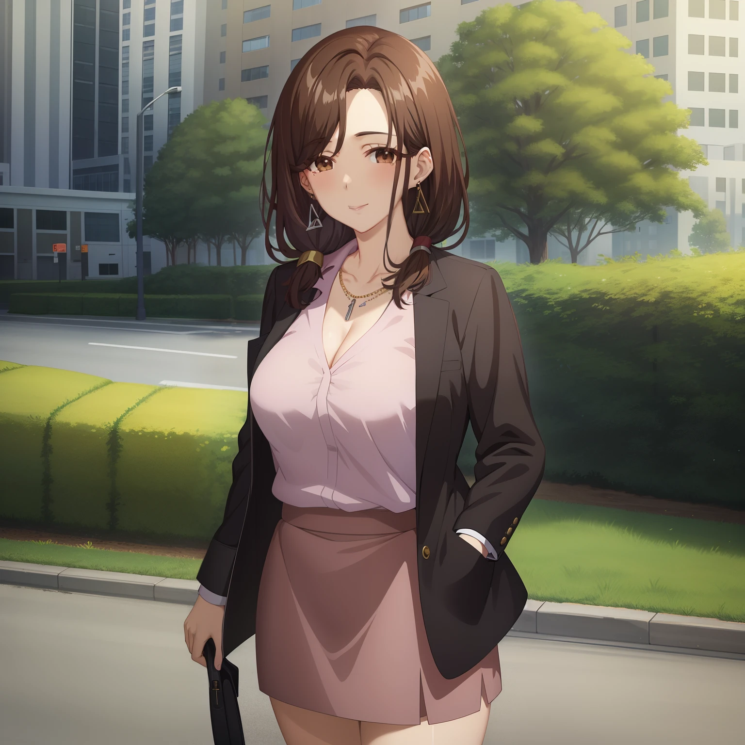 best quality, (masterpiece:1.2), highly detailed, outdoors, park, city,
1girl, solo, gotou airi, one mole under eye,
looking at the viewer, large breasts, slight smile, closed mouth, mature female, (standing:1.2),
brown eyes, brown hair, long hair, necklace, earrings, black jacket, collarbone, pencil skirt, cleavage