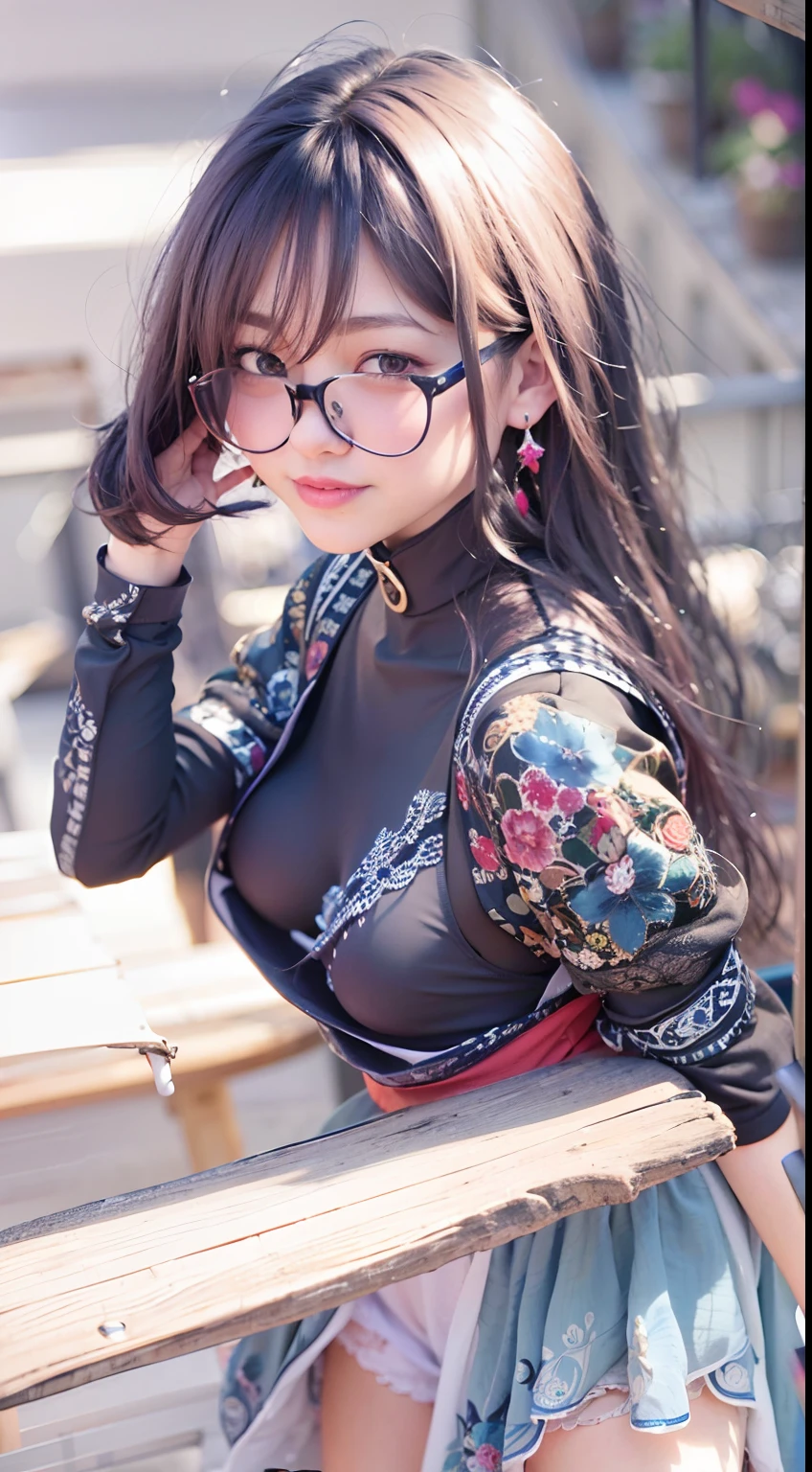 {{{masterpiece}}}, {{{best quality}}}, {{ultra-detailed}}, {illustration}, {{an extremely delicate and beautiful}},
(Best quality, 8k, 32k, Masterpiece, UHD:1.2),Photo of Pretty Japanese woman, top quality, , best quality, realistic, unity, 8k wallpaper, official art, extremely detailed wallpaper,1girl,((boyish)),13yo, beautiful teeth,solo,gal,dark skin,very absurdly long hair,(Updo Braid hair:1.5),(white hair:1.5),misaligned ,(sweaty skin:1.2),glasses,earrings,Jacket,(blunt bangs:1.2),looking at viewer, (smile:1.5),(high detailed skin),realistic body,((stoop)),( small breasts),(nipples:1.1), cute girl, famous japanese idol,(downblouse),loose t-shirt,loose skart,(low view),(wide view),(China dress:1.5),(skirt lift by myself:1.3),panties shot,(show off panties:1.5)
leaning forward,,