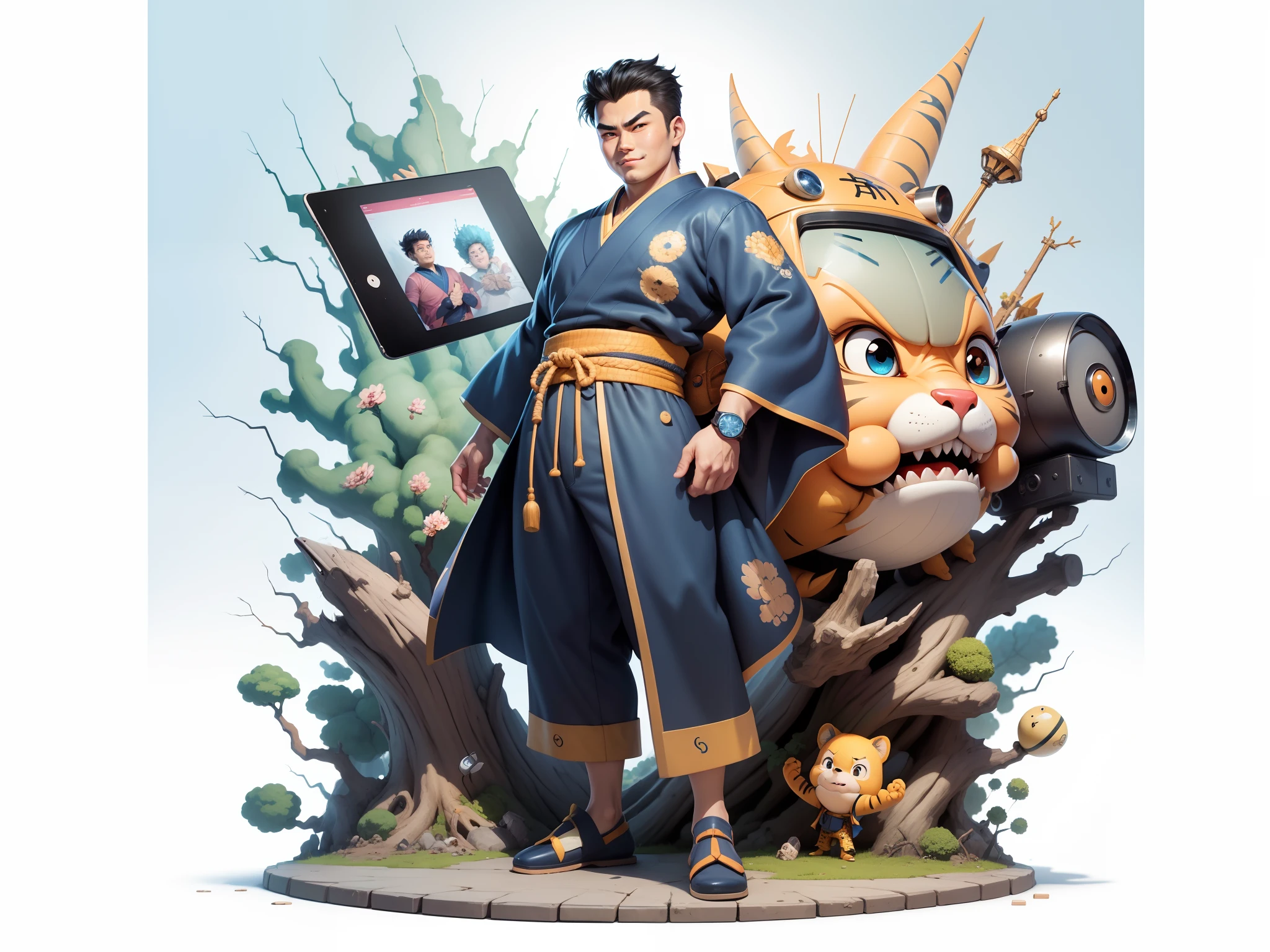 (Masterpiece), (Excellent), (Super Meticulous), (Full Body: 1.2), Super Young Man, Oriental Face, Japanese Kimono, Japanese Wind Thunder God, Dragon, Tiger, TV Anchor, Bust Portrait Illustration, Alone, Black Suit, Blue Tie, Slightly Chubby Face, Very Clean Face, No Beard, Black Super Short Hair, Black Eyes, Confident Smile, 3c Computer Sub-Products, iPad, iPhone, Digital Painting, 3D Character Design by Akira Toriyama and Mark Claireden and Pixar and Hayao Miyazaki, The illustration is a high-definition illustration in 4K resolution with very detailed facial features and cartoon-style visuals.