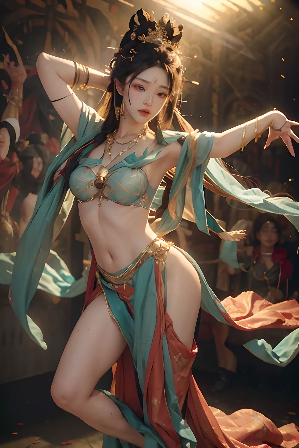 nsfw,(RAW photo, best quality),(realistic, photo-realistic:1.3),best quality,highly detailed,masterpiece,ultra-detailed,illustration,1 dancing girl,full_body,dynamic angle,world masterpiece theater,messy_long_hair,best quality,extremely detailed CG unity 8k wallpaper,ink,Amazing,cinematic lighting,lens_flare,dunhuang_style,