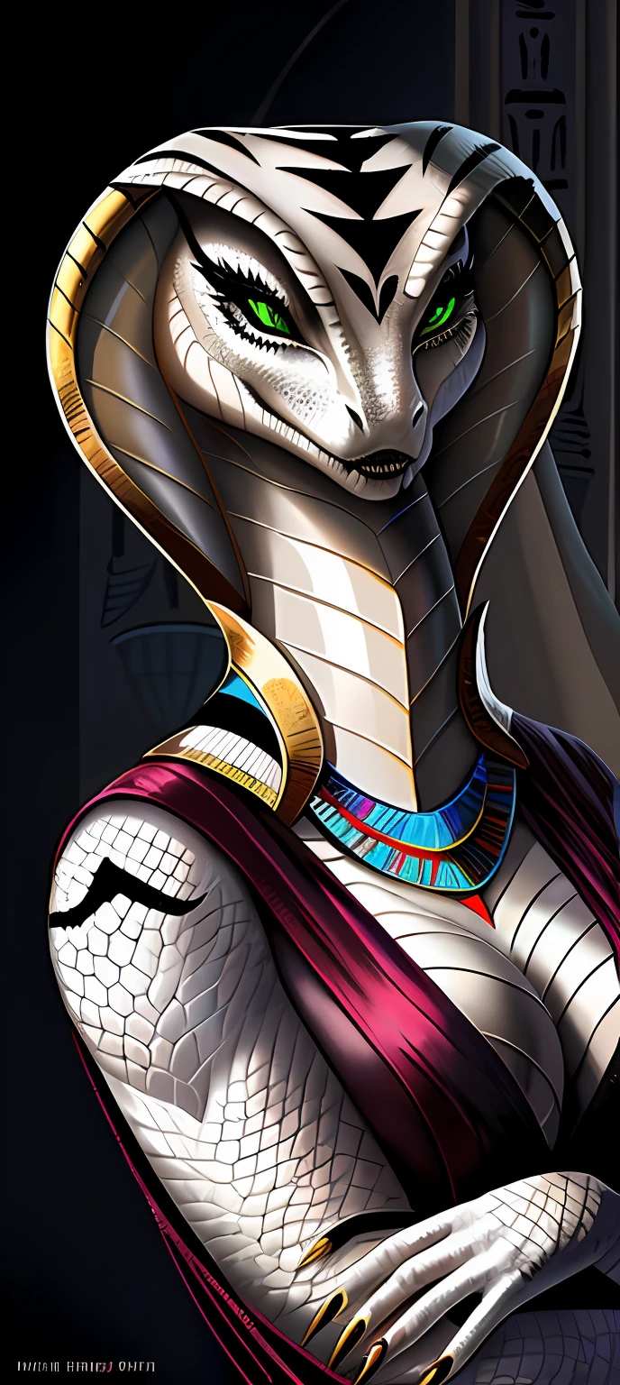 Cobra Woman, Dressed, Realistic, white scales, Green eyes, black stripes, evil queen, Egyptian adornments, Empress of the Universe, death