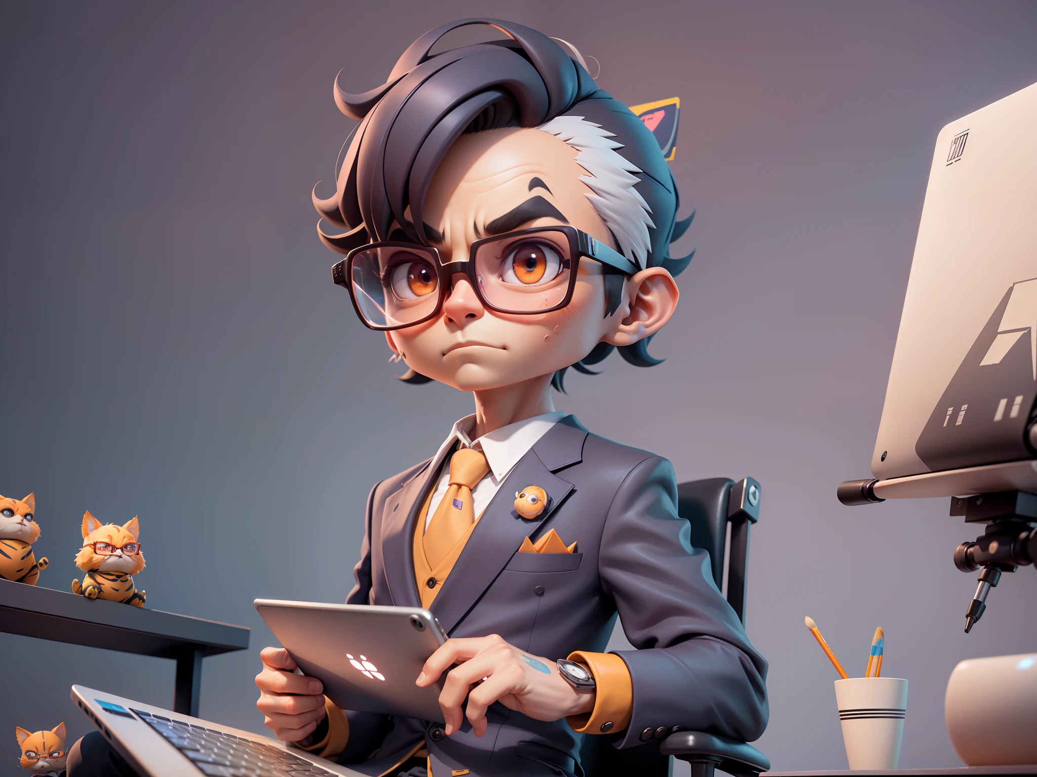 A young man in a suit, Short hair and glasses sat at his desk，holding laptop，digitial painting，tigre，3D character design by Mark Clairen and Pixar and Hayao Miyazaki and Akira Toriyama，4K HD illustration，Very detailed facial features and cartoon-style visuals。