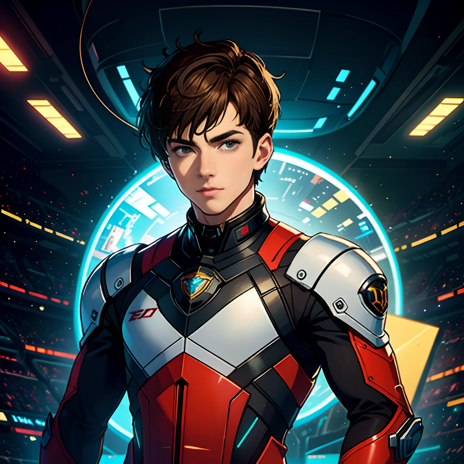A handsome young man with short brown hair,, Stand in virtual space,Esports suits,Science fiction image,future