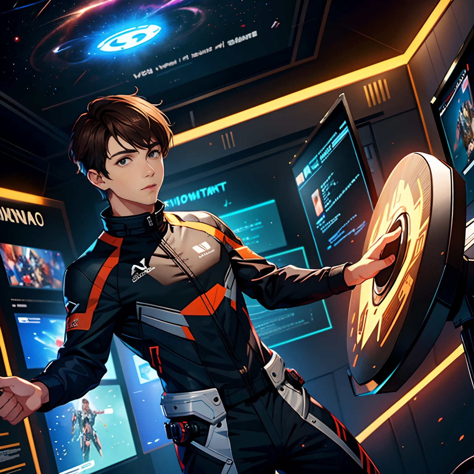 A handsome young man with short brown hair，, Stand in virtual space，Esports suits，Science fiction image，future