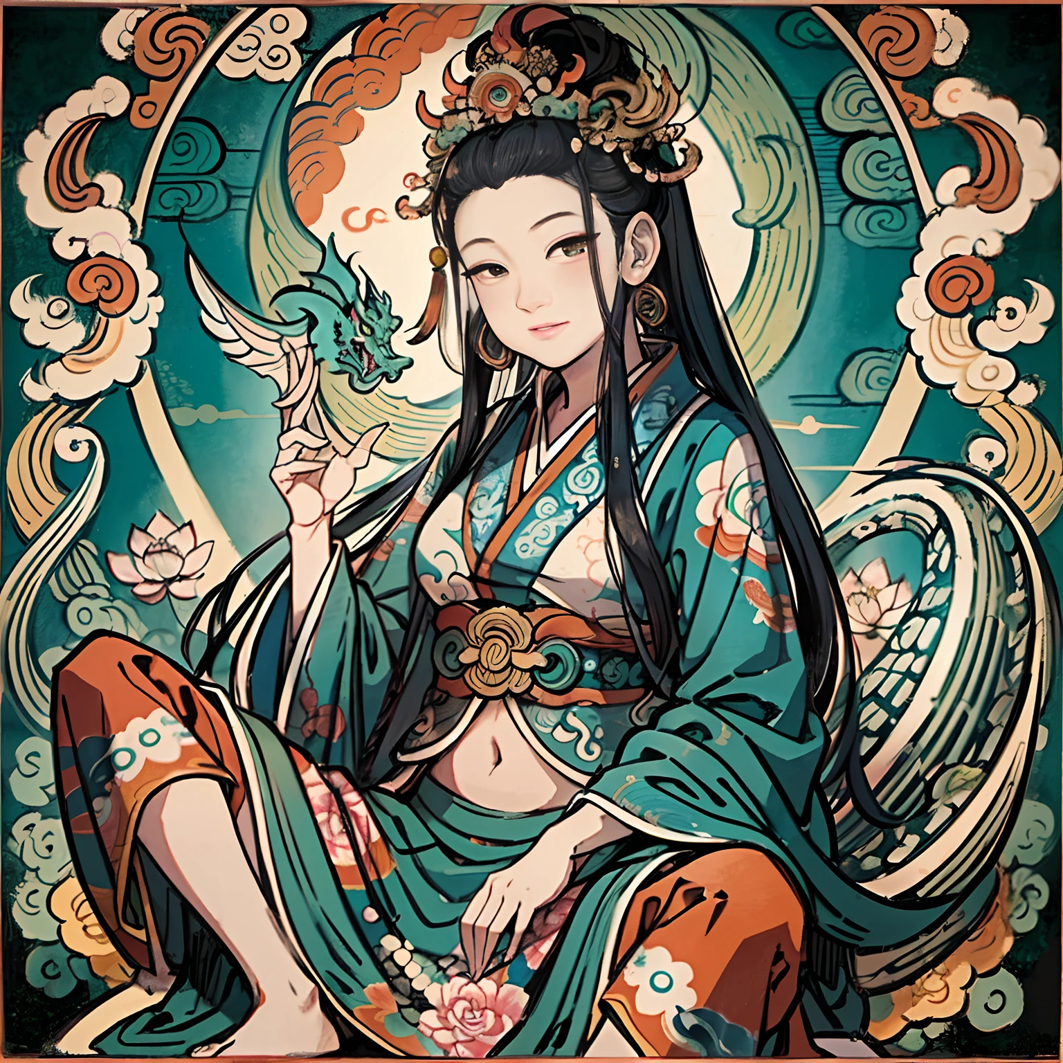 an ancient Chinese goddess, guanyin of the southern seas, Guanyin, Inspired by India, Avalokiteshvara rides a dragon,,Serene expression,shui mo hua,Buddha,Buddhist,Lotus,Chinese painting style,Thangka style