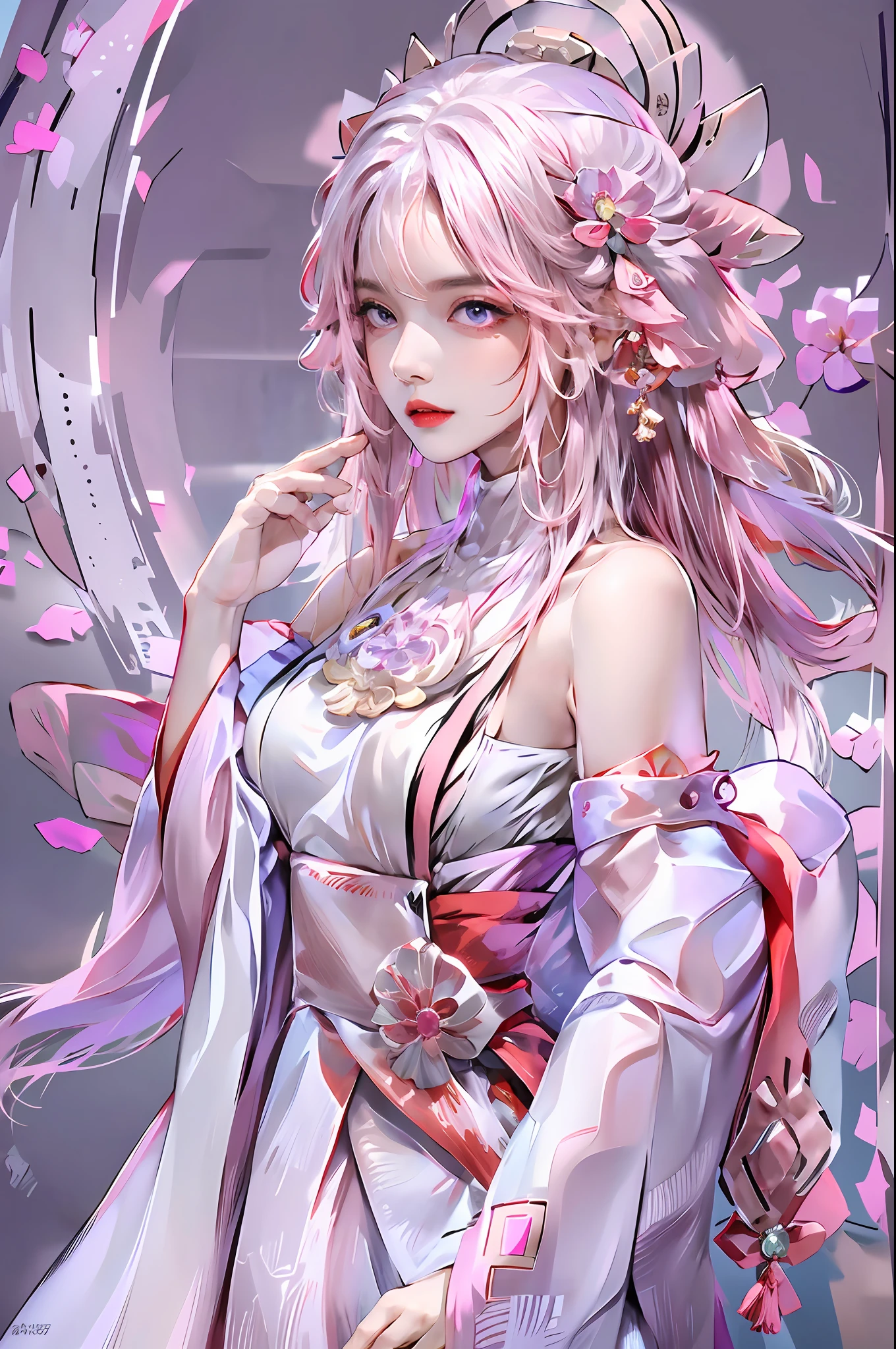 photorealistic, high resolution, 1 woman, white hair, hips up, yae miko, detached sleeves, bare shoulders, pink hair, long hair, best quality, (hair ornament:1.35), jewelry, purple eyes, earrings,