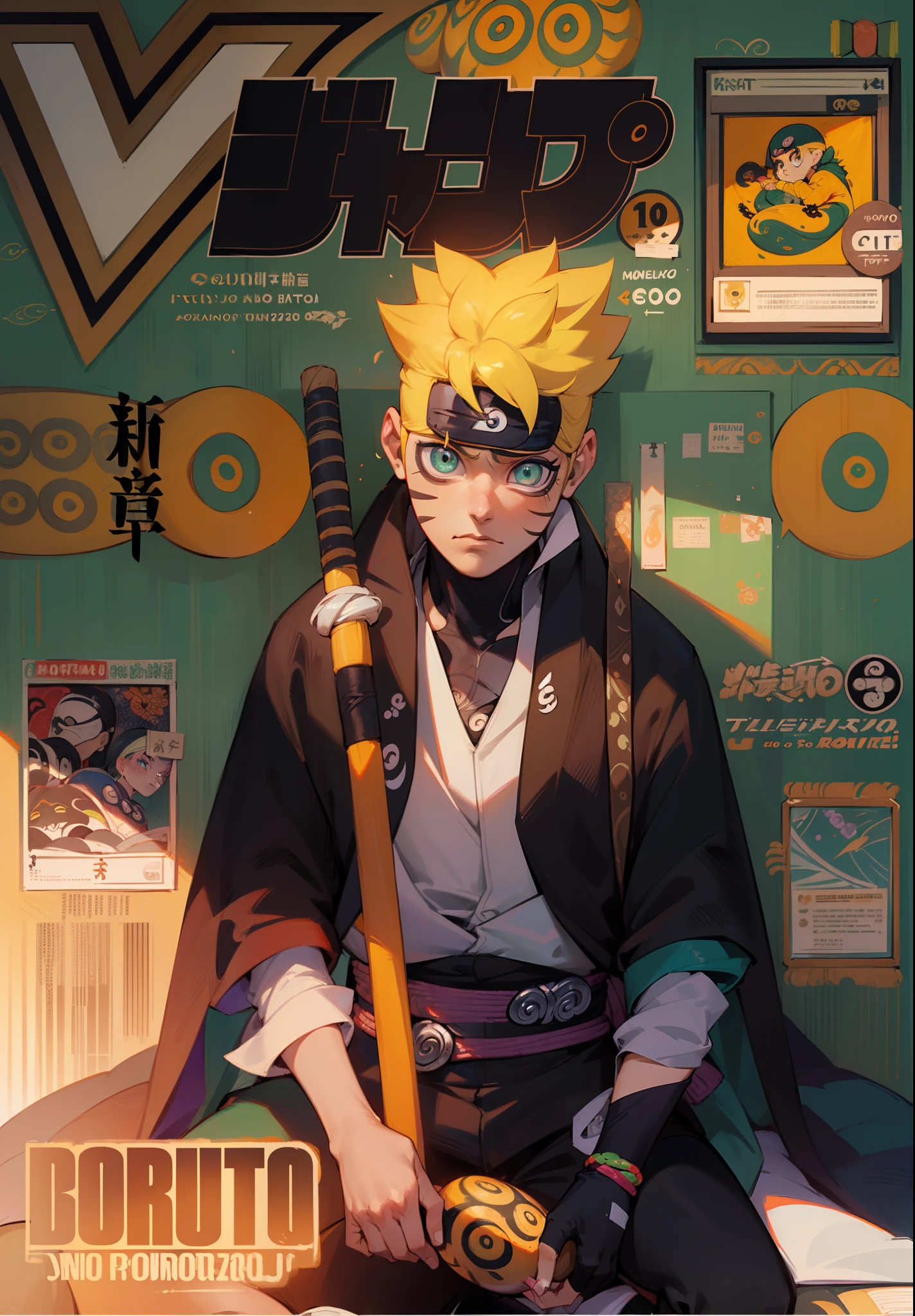 ((Boruto uzumaki)), ((Tonificado)), Foco masculino, obra-prima, alta qualidade, (obra-prima:1.2), (melhor qualidade:1.2), pele brilhante, realista, ornamentada, intrincado, ((cabelos amarelos)), (Cabelos curto), casaco preto, expression serious, (sombras projetadas sobre o rosto:1.3), roupa_elrgante, Sala de sombra, Serious expression , (parte superior do corpo), pintura tinta tradicional chinesa, (sexy)