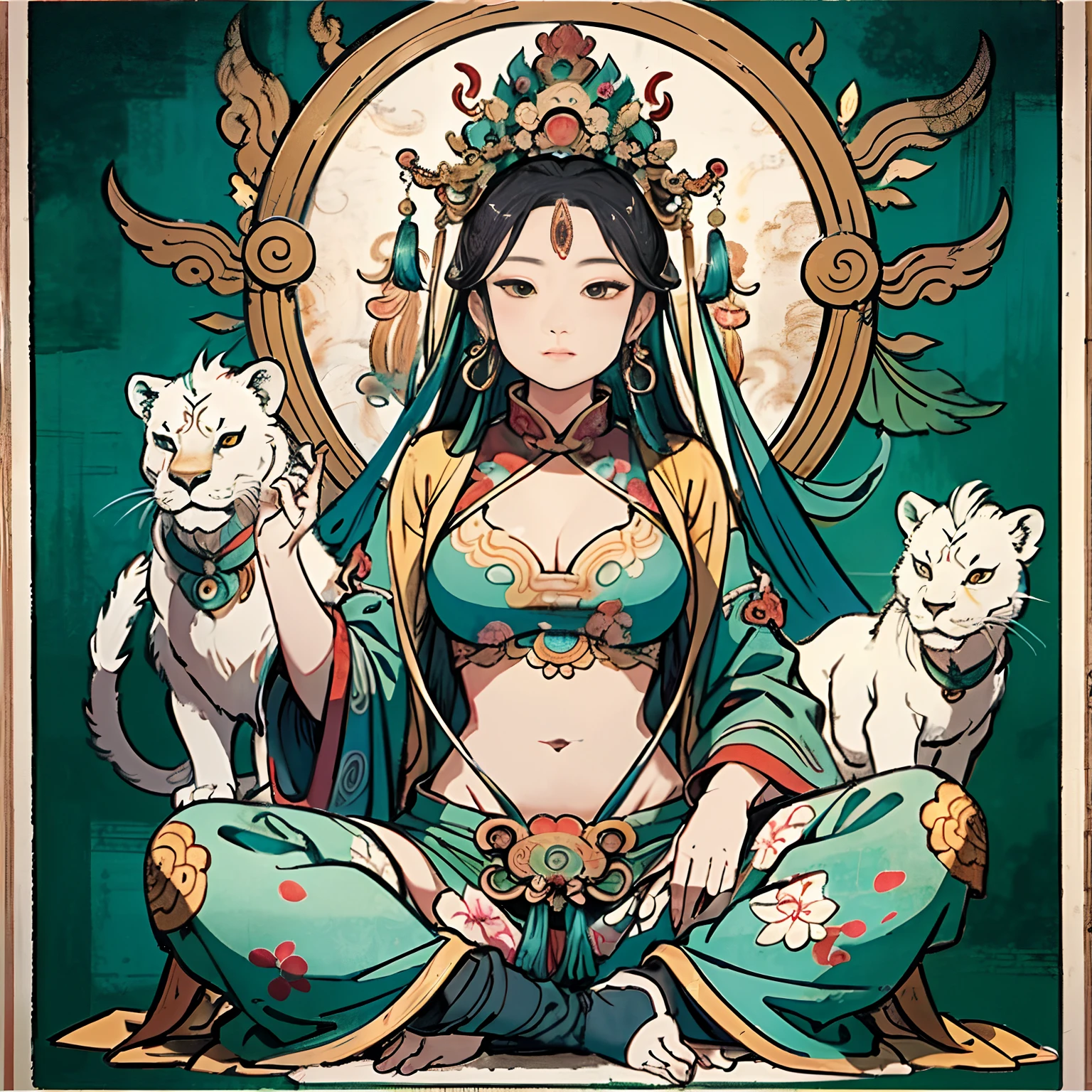 an ancient Chinese goddess, guanyin of the southern seas, Guanyin, Inspired by India, Avalokiteshvara rides a lion，,Serene expression,shui mo hua,Buddha,Buddhist,Lotus,Chinese painting style,Thangka style