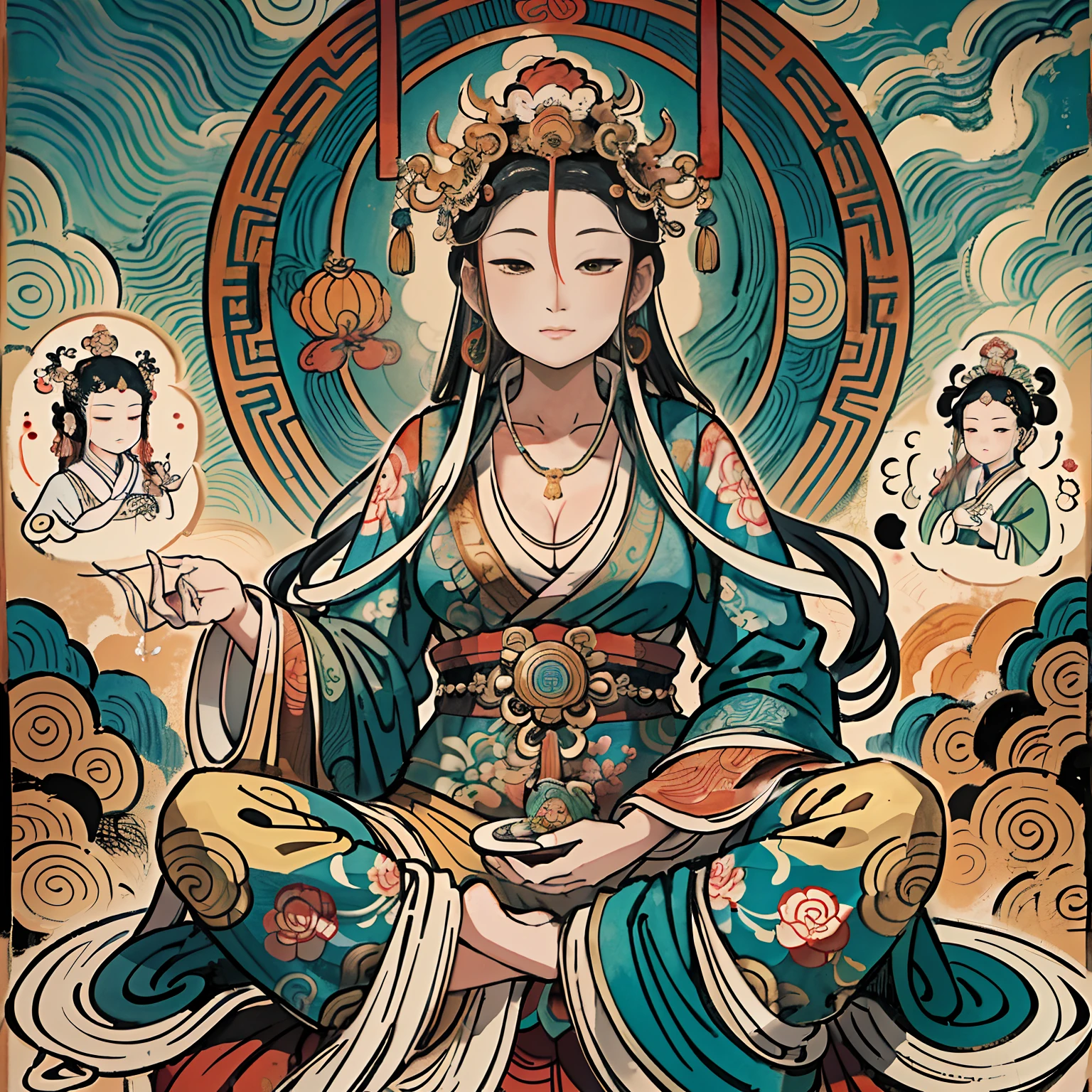 an ancient Chinese goddess, guanyin of the southern seas, Guanyin, Inspired by India, Avalokiteshvara rides a lion，,Serene expression,shui mo hua,Buddha,Buddhist,Lotus,Chinese painting style,Thangka style