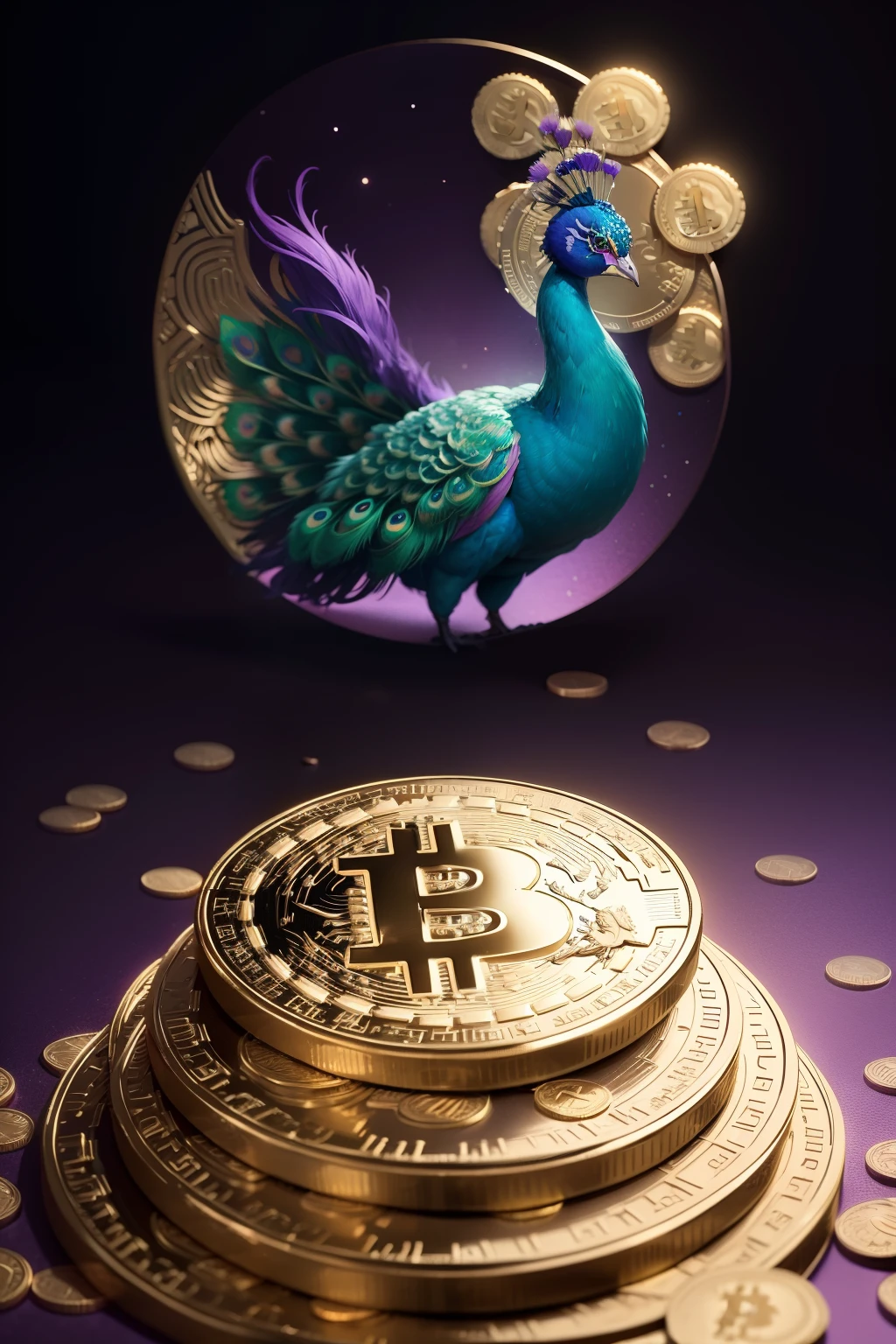 Make a Peacock on top of Bitcoin coin, floresta encantada de bitcoin,roxo e dourado