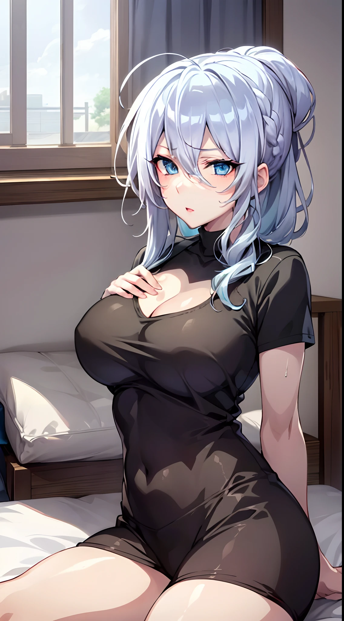 in bed, silver hair and blue eyes, black shirt and no bra, anime visual of a cute girl, screenshot from the anime film, & her expression is solemn, in the anime film, in an anime, anime visual of a young woman, she has a cute expressive face, still from anime, big breast, red cheek, lustful face, fair skin