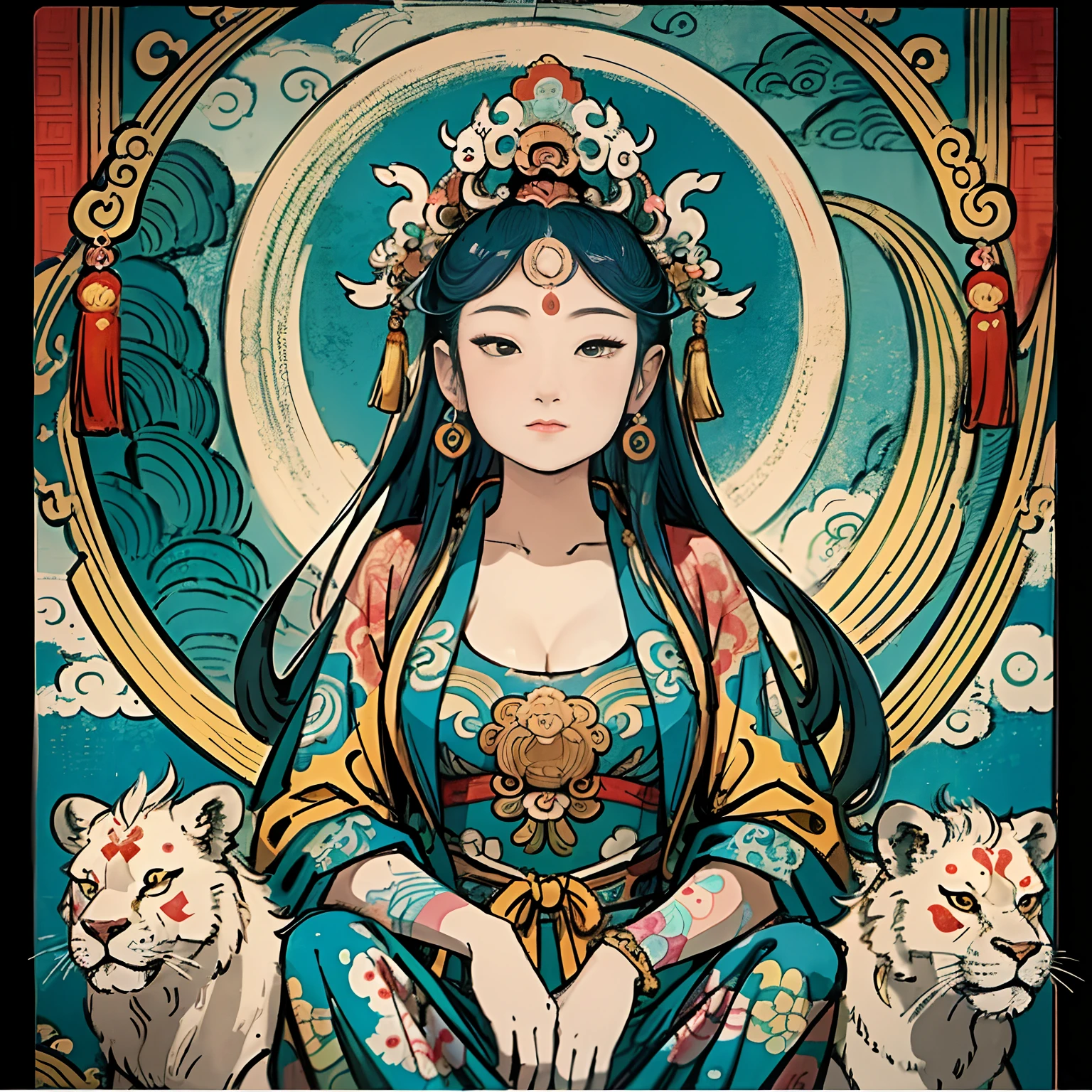 an ancient Chinese goddess, guanyin of the southern seas, Guanyin, Inspired by India, Avalokiteshvara rides a lion，,Serene expression,shui mo hua,Buddha,Buddhist,Lotus,Chinese painting style,Thangka style