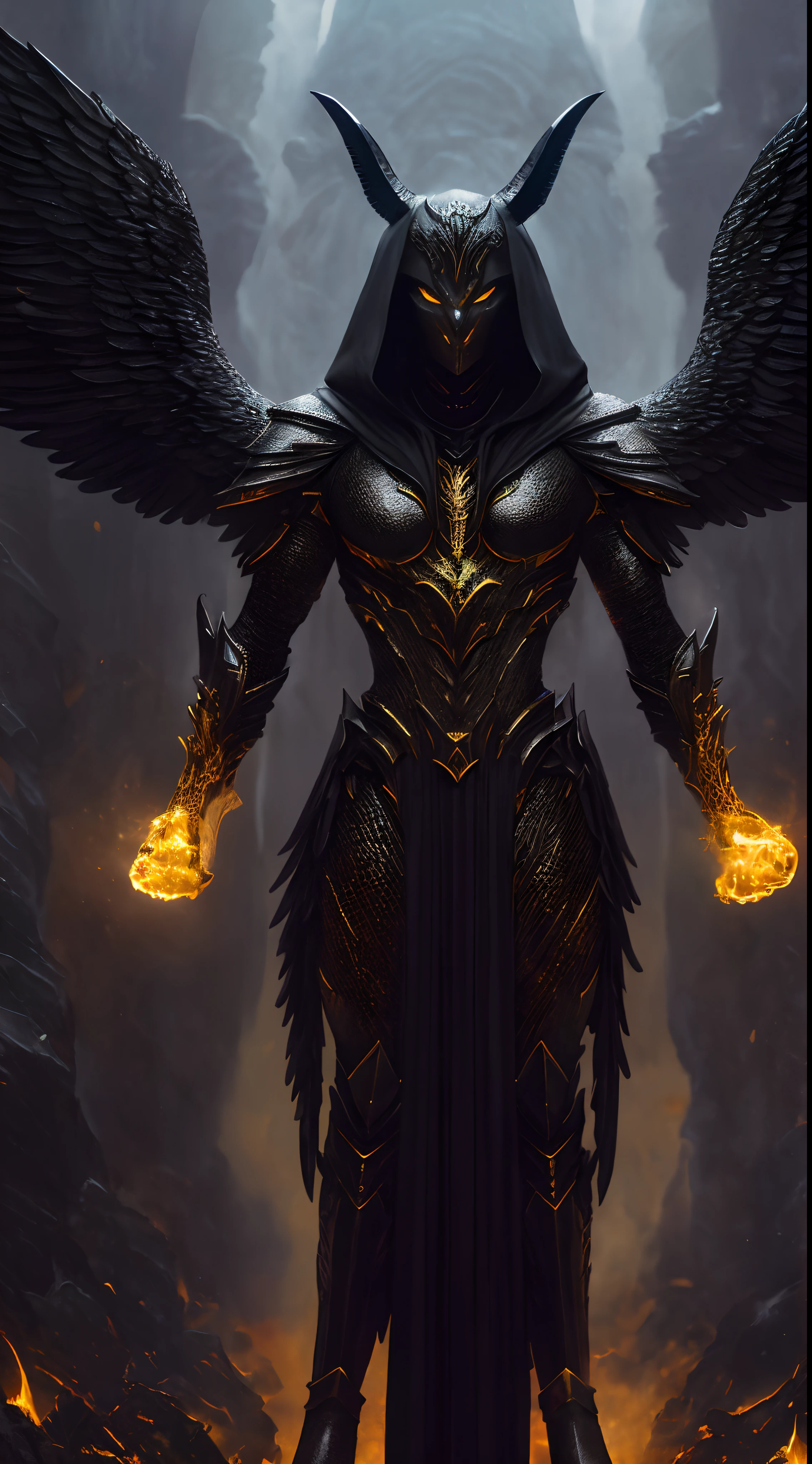 Output: (high quality oil painting), realism, jewelry nobility, dynamic right-hand dynamic pose, mysterious gates of hell, burning like flames, dark yet beautiful underworld graphics, mythical character Anubis, the entire body covered with golden scales highlighting the lines and forms of strong muscles, cinematic dynamic poses and dramatic camera angles, fine textures of black gold armor and calm effect of black gold cloak, accurate proportions and human anatomy are presented in the picture, and the award-winning masterpiece of centered composition is yearning.