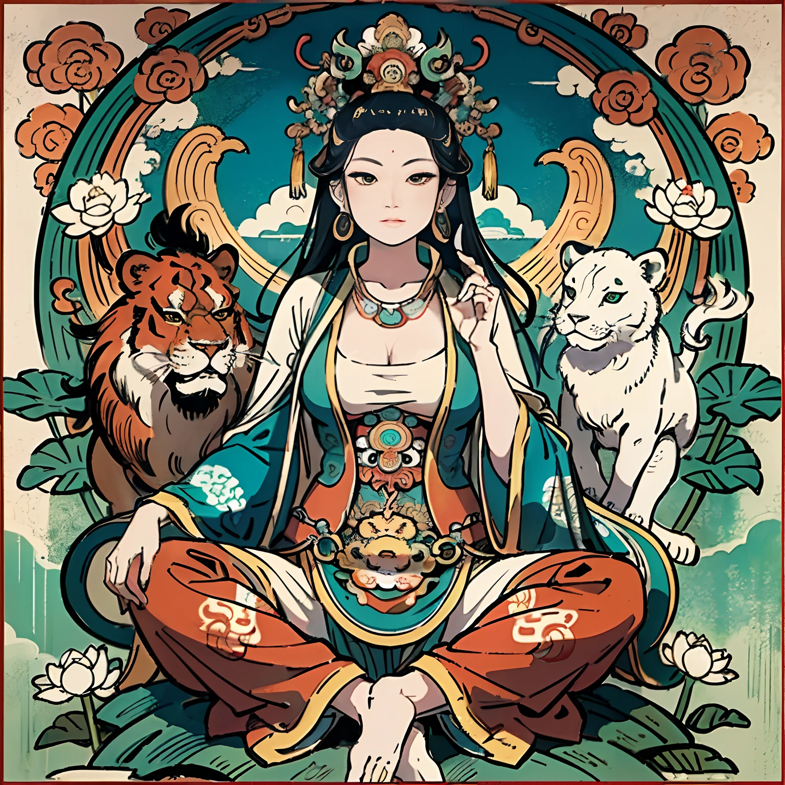 an ancient Chinese goddess, guanyin of the southern seas, Guanyin, Inspired by India, Avalokiteshvara rides a lion，,Serene expression,shui mo hua,Buddha,Buddhist,Lotus,Chinese painting style,Thangka style