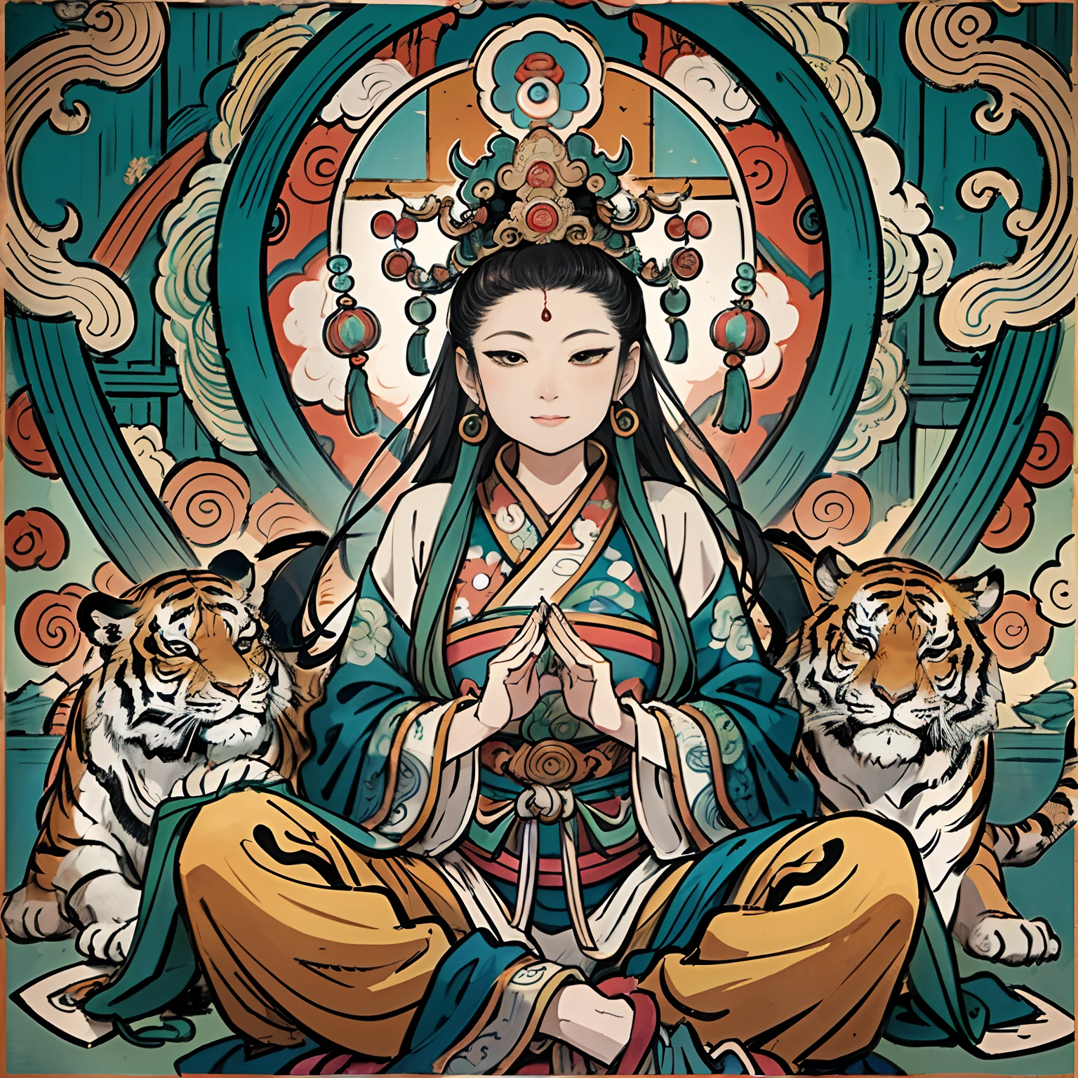 an ancient Chinese goddess, guanyin of the southern seas, Guanyin, Inspired by India, Avalokiteshvara rides a tiger,,Serene expression,shui mo hua,Buddha,Buddhist,Lotus,Chinese painting style,Thangka style