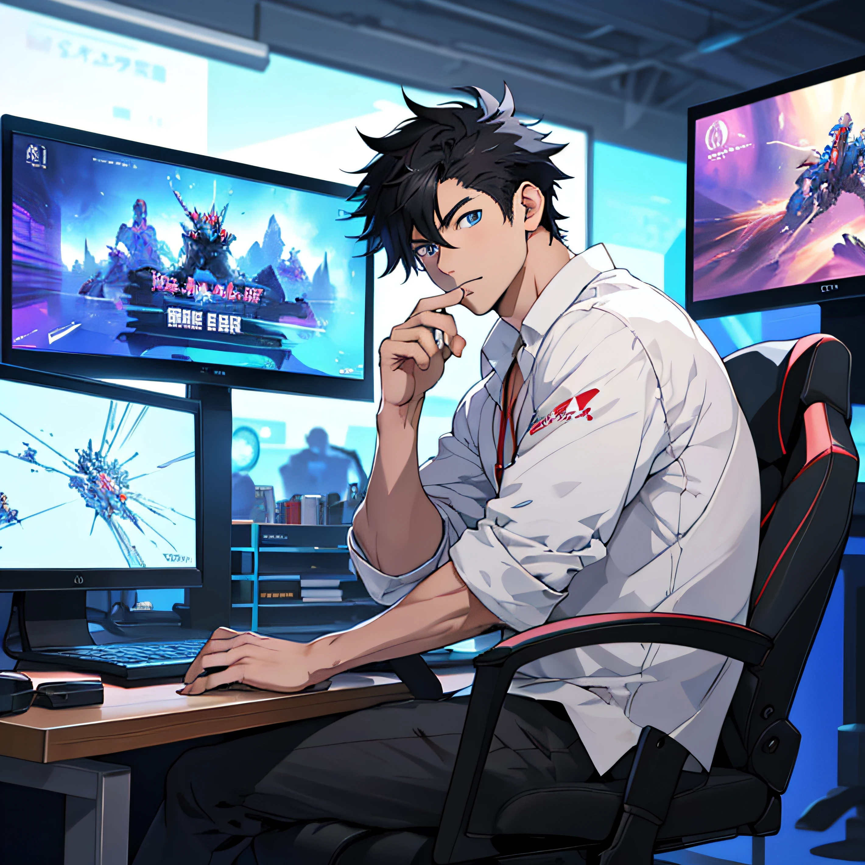 Best quality: 1.0), (Super High Resolution: 1.0), Anime boy, short black hair, blue eyes, sitting in front of computer playing games, background in esports room,