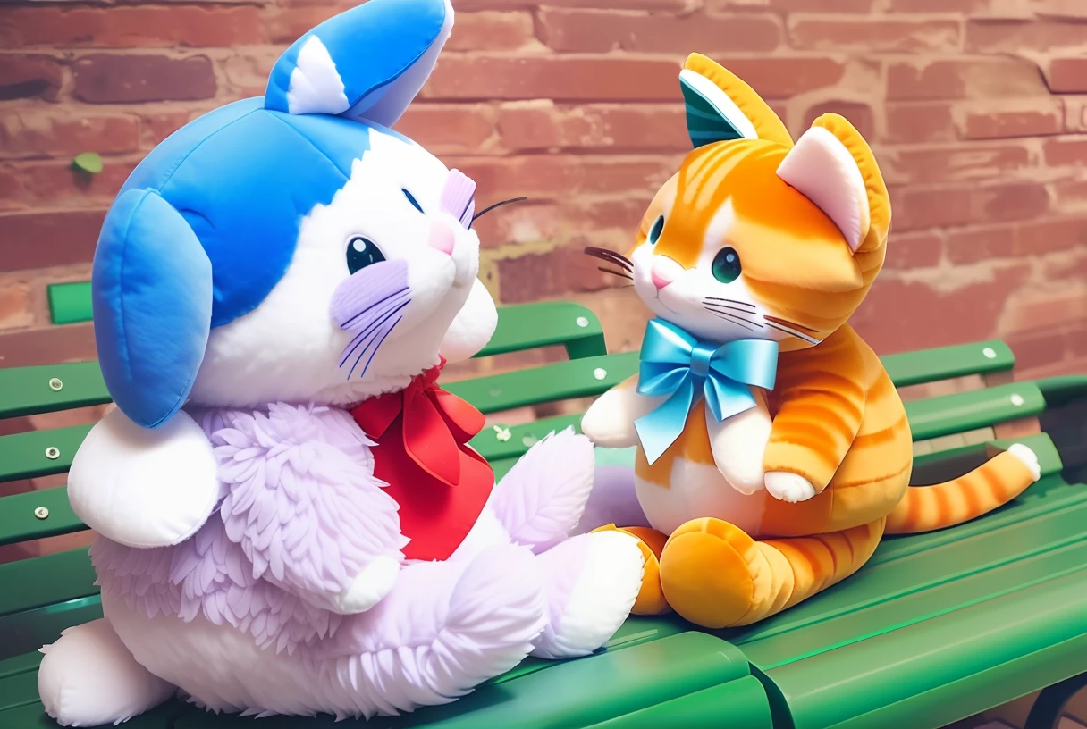 Two stuffed animals are sitting on a bench next to a brick wall, 3D precious moment stuffed cat, Surprise, Cutest, plushie photography, Dolce, Very cute, close up details, Close-up photos, Cute:2, taken with canon 8 0 d, cuteness, fumo plush, plushies, by Maksimilijan Vanka, lovely, soft mood