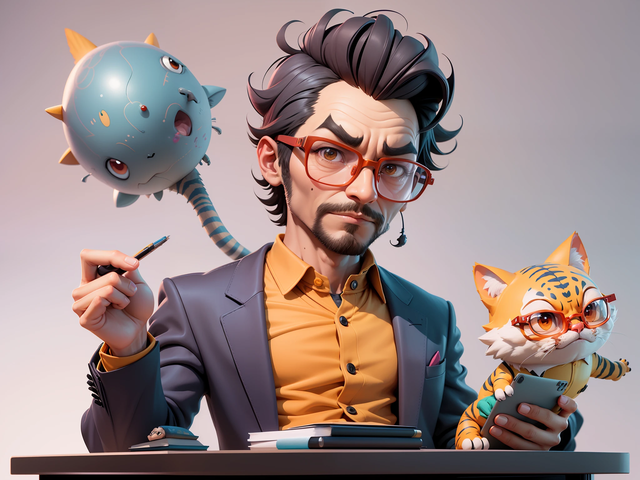 A young man in a suit, Short hair and glasses sat at his desk,holding laptop,digitial painting,tigre,3D character design by Mark Clairen and Pixar and Hayao Miyazaki and Akira Toriyama,4K HD illustration,Very detailed facial features and cartoon-style visuals。