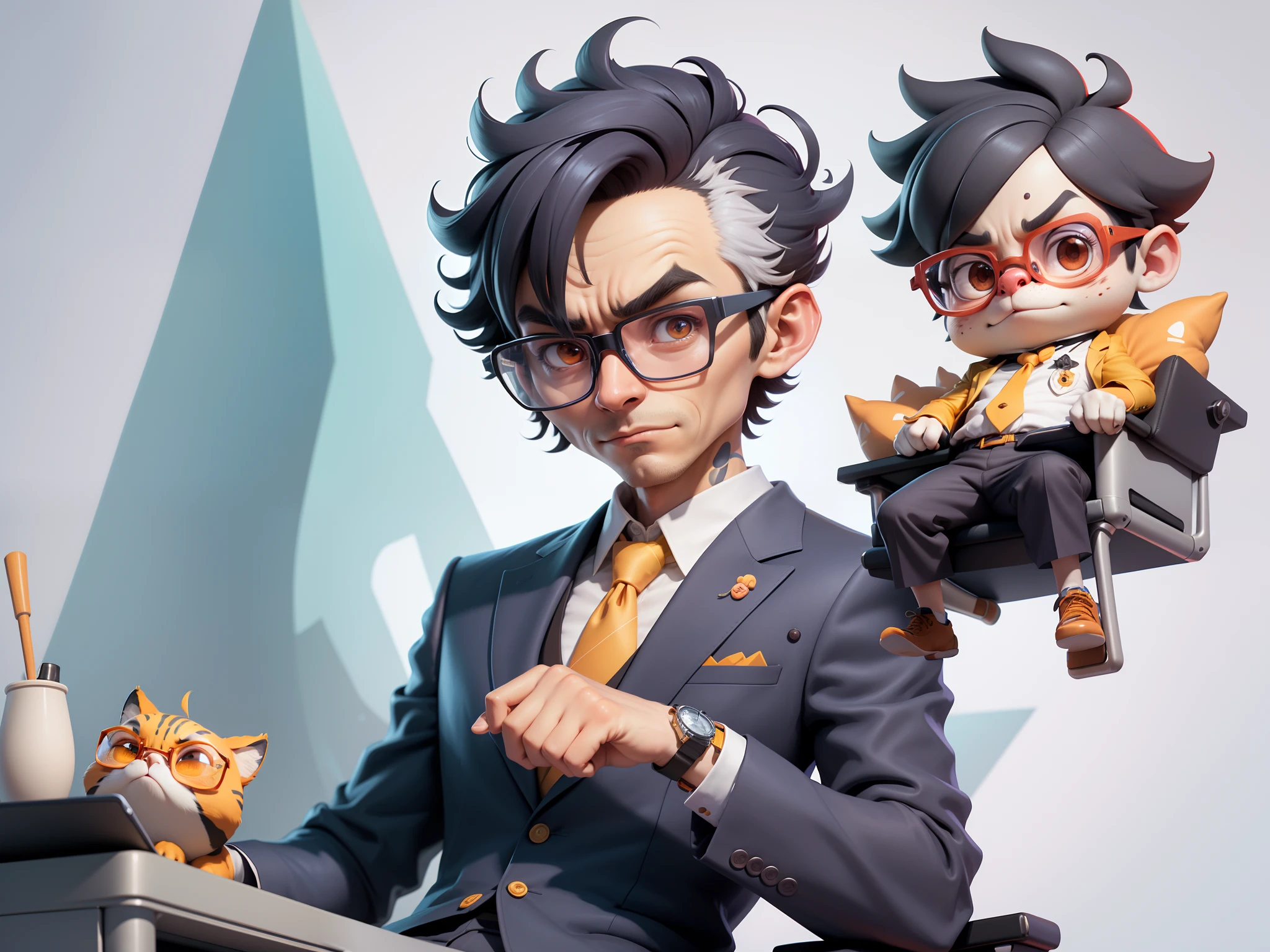 A young man in a suit, Short hair and glasses sat at his desk,holding laptop,digitial painting,tigre,3D character design by Mark Clairen and Pixar and Hayao Miyazaki and Akira Toriyama,4K HD illustration,Very detailed facial features and cartoon-style visuals。