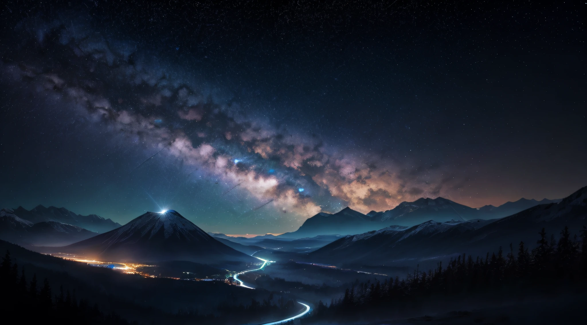 Starry night sky with a mountain and a winding road, HQ 4K papel de parede do telefone, starry sky 8 k, com dois planetas se orbitando um com ondas azuis e outro com ondas laranja fogo, papel de parede 4k, papel de parede 4K, night sky; 8k, 8k arte impressionante, Arte bonita UHD 4K, Papel de parede 4K, Papel de parede 4k, 8 K HD Wallpaper, Papel de parede HD 8k, Papel de parede vertical 4K, Papel de parede vertical 4k