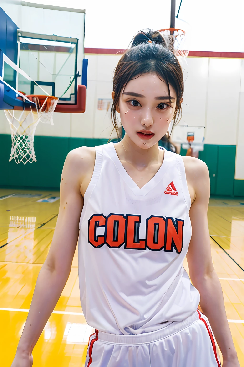 (masterpiece, best quality:1.2), solo, 1girl, sweating , girl with basketball jersey, girl playing basketball, muscle