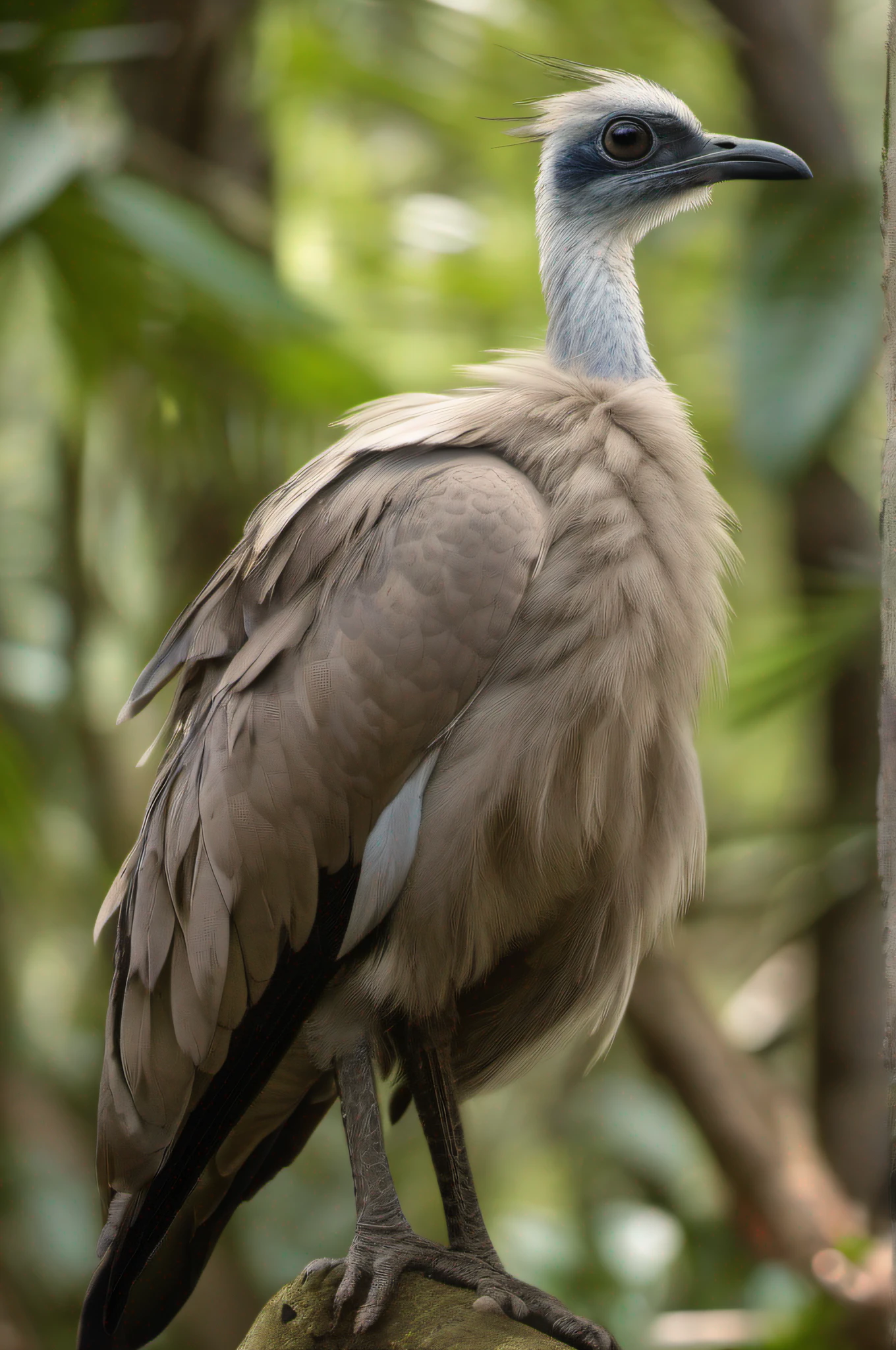 whole image of a large bird (((seriema))) that is standing on a trunk in the foreground in the forest, rare bird in the amazonian jungle, a surrealistic bird, incredibly beautiful, ultra realistic image, natural beauty!!, unbelievably beautiful , surrealistic bird, closeup spot, natural beauty, incredible beauty. natural lighting, cinematic, global illumination, canon eos 6, 50mm prime lens, f/1.8, ISO 100. intricate, insanely detailed, ultra realistic style, uhd, hdr, 16k, post processing.