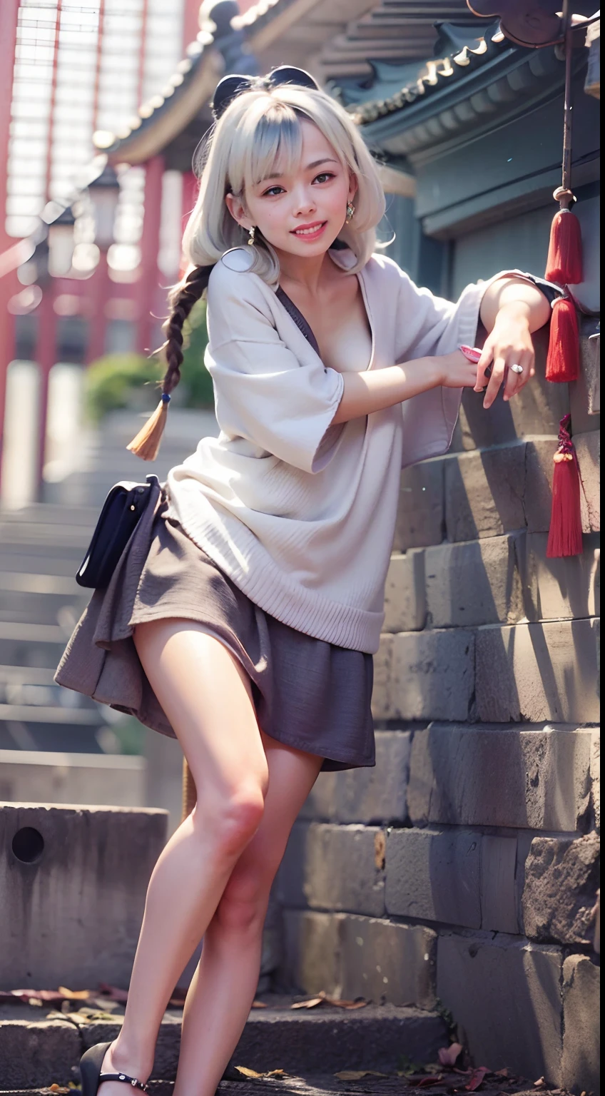 {{{masterpiece}}}, {{{best quality}}}, {{ultra-detailed}}, {illustration}, {{an extremely delicate and beautiful}},
(Best quality, 8k, 32k, Masterpiece, UHD:1.2),Photo of Pretty Japanese woman, top quality, , best quality, realistic, unity, 8k wallpaper, official art, extremely detailed wallpaper,1girl,((boyish)),13yo, beautiful teeth,solo,gal,dark skin,very absurdly long hair,(Updo Braid hair:1.5),(white hair:1.5),misaligned ,(sweaty skin:1.2),glasses,earrings,Jacket,(blunt bangs:1.2),looking at viewer, (smile:1.5),(high detailed skin),realistic body,((stoop)),( small breasts),(nipples:1.1), cute girl, famous japanese idol,(downblouse),loose t-shirt,loose skart,(low view),(wide view),(China dress:1.5),(skirt lift by myself:1.3),panties shot,(show off panties:1.5)
leaning forward,,