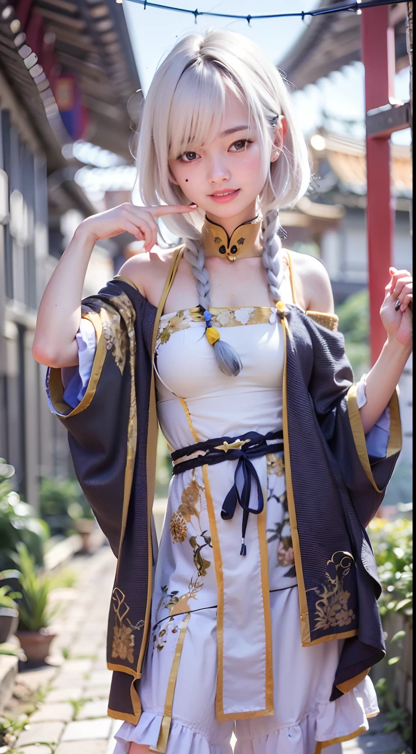 {{{masterpiece}}}, {{{best quality}}}, {{ultra-detailed}}, {illustration}, {{an extremely delicate and beautiful}},
(Best quality, 8k, 32k, Masterpiece, UHD:1.2),Photo of Pretty Japanese woman, top quality, , best quality, realistic, unity, 8k wallpaper, official art, extremely detailed wallpaper,1girl,((boyish)),, beautiful teeth,solo,gal,dark skin,very absurdly long hair,(Updo Braid hair:1.5),(white hair:1.5),misaligned ,(sweaty skin:1.2),glasses,earrings,Jacket,(blunt bangs:1.2),looking at viewer, (smile:1.5),(high detailed skin),realistic body,((stoop)),( small breasts),(nipples:1.1), cute girl, famous japanese idol,(downblouse),loose t-shirt,loose skart,(low view),(wide view),(China dress:1.5),(skirt lift by myself:1.3),panties shot,(show off panties:1.5)
leaning forward,,