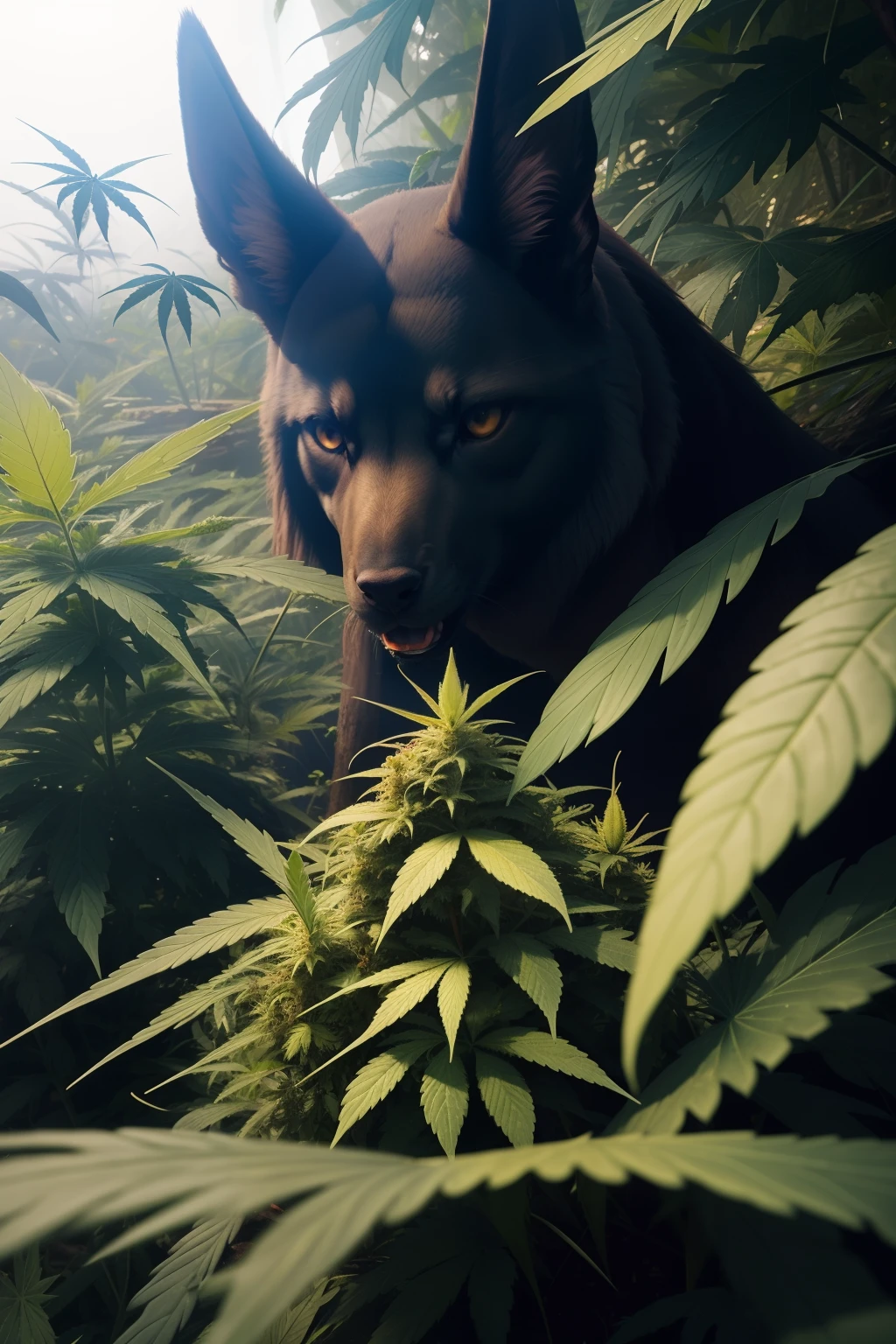 There is a closeup of a plant with many leaves, anime, Nug Fotos, fungal growth, ligeira neblina, High light on the left, Princesa da Cannabis, Corpo do tomate da floresta gump, lush fertile fecund, entheogen, Vapor Branco Rasteiro, mystical mist, maconha ) Wet, Close do meio, three day growth, photo of ghost of anubis