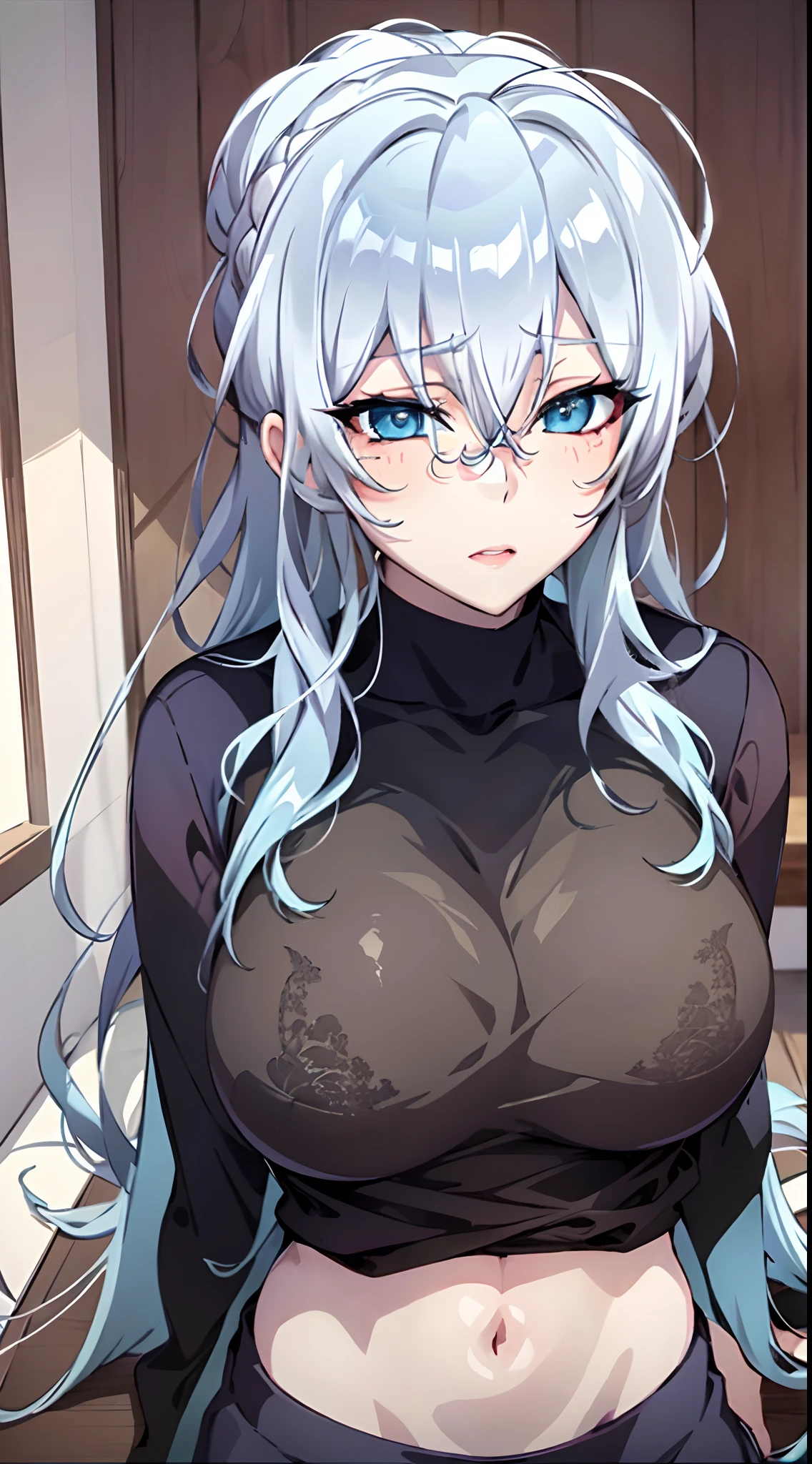 in bed, silver hair and blue eyes, black shirt and no bra, anime visual of a cute girl, screenshot from the anime film, & her expression is solemn, in the anime film, in an anime, anime visual of a young woman, she has a cute expressive face, still from anime, big breast, red cheek, lustful face, fair skin