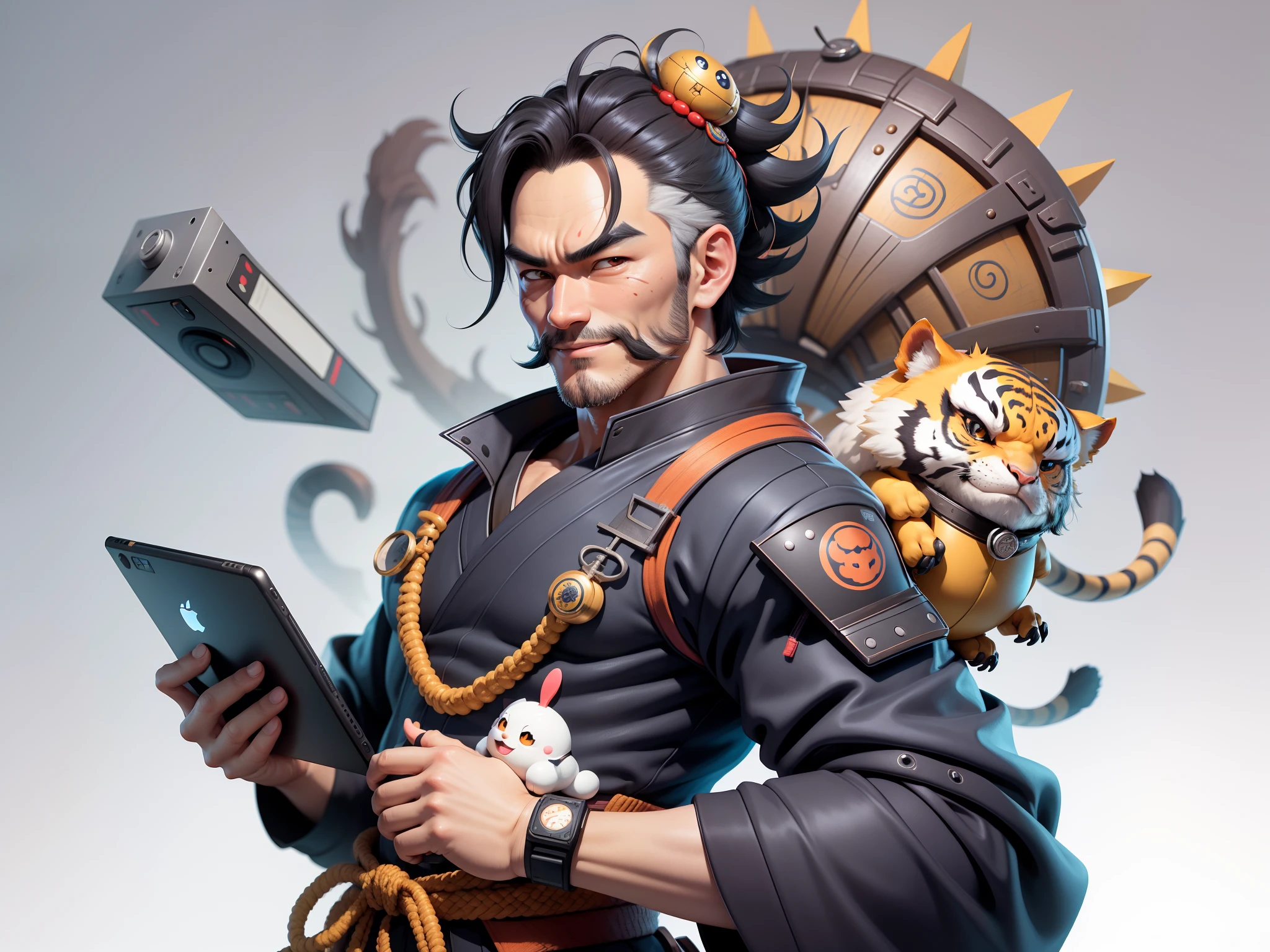 (Daisaku),(Need),(Super meticulous),(full bodyesbian:1.2),Super young man with Japanese geisha，Beautiful，orient，one tiger，Aeolian Thor，Raised sexy，爆乳，Oriental face，TV Anchor，Bust portrait illustration，In black suit，a blue tie，The face is slightly chubby，The face was clean，without a beard，Black super short hair，Black eyes，Smile confidently，3C computer sub-products，iPad， iphone，Digital painting，3D character design by Mark Clairen and Pixar and Hayao Miyazaki and Akira Toriyama，The illustration is a high-definition illustration in 4K resolution，With very detailed facial features and cartoon-style visuals。