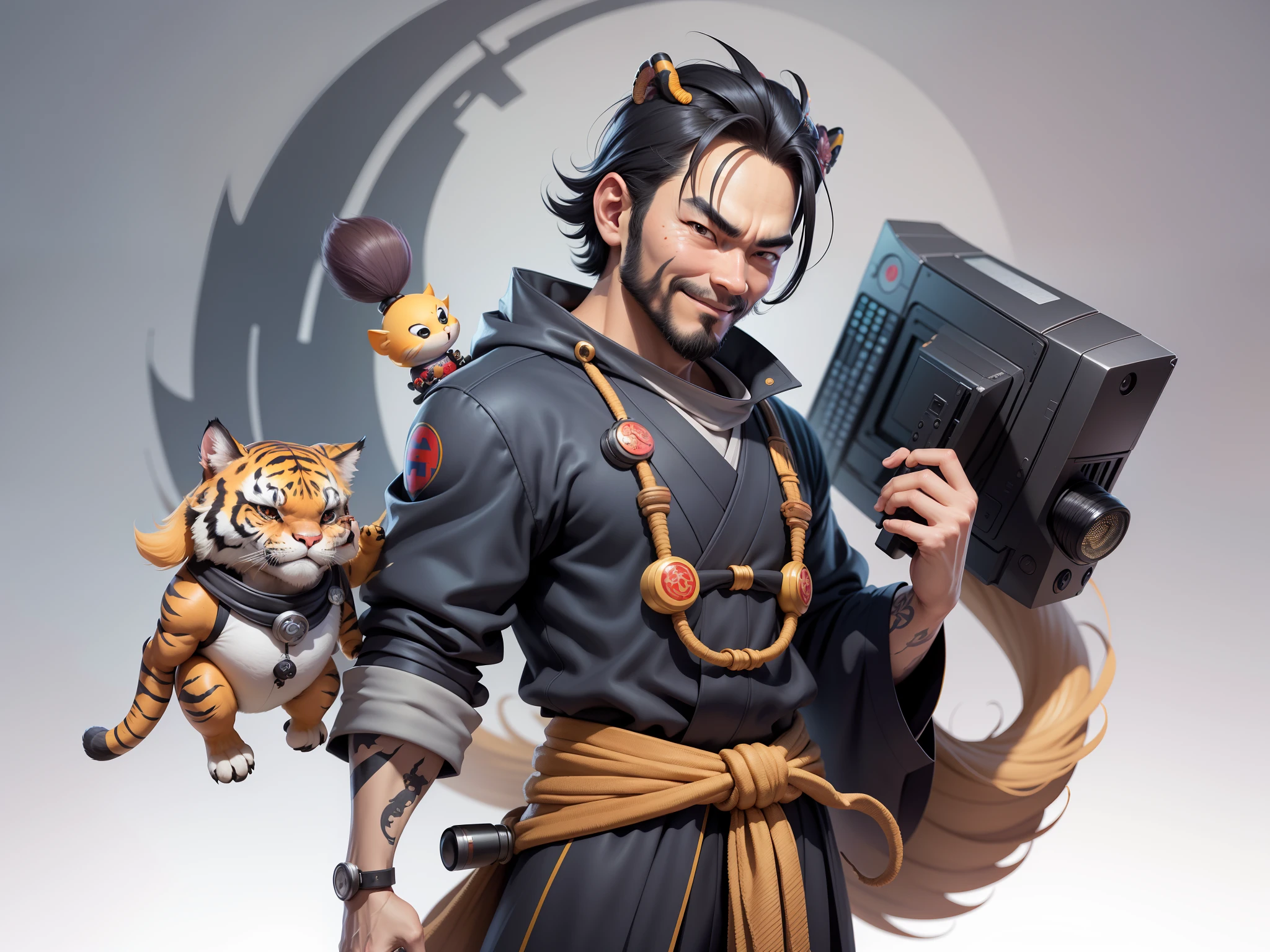 (Daisaku),(Need),(Super meticulous),(full bodyesbian:1.2),Super young man with Japanese geisha,Beautiful,orient,one tiger,Aeolian Thor,Raised sexy,爆乳,Oriental face,TV Anchor,Bust portrait illustration,In black suit,a blue tie,The face is slightly chubby,The face was clean,without a beard,Black super short hair,Black eyes,Smile confidently,3C computer sub-products,iPad, iphone,Digital painting,3D character design by Mark Clairen and Pixar and Hayao Miyazaki and Akira Toriyama,The illustration is a high-definition illustration in 4K resolution,With very detailed facial features and cartoon-style visuals。