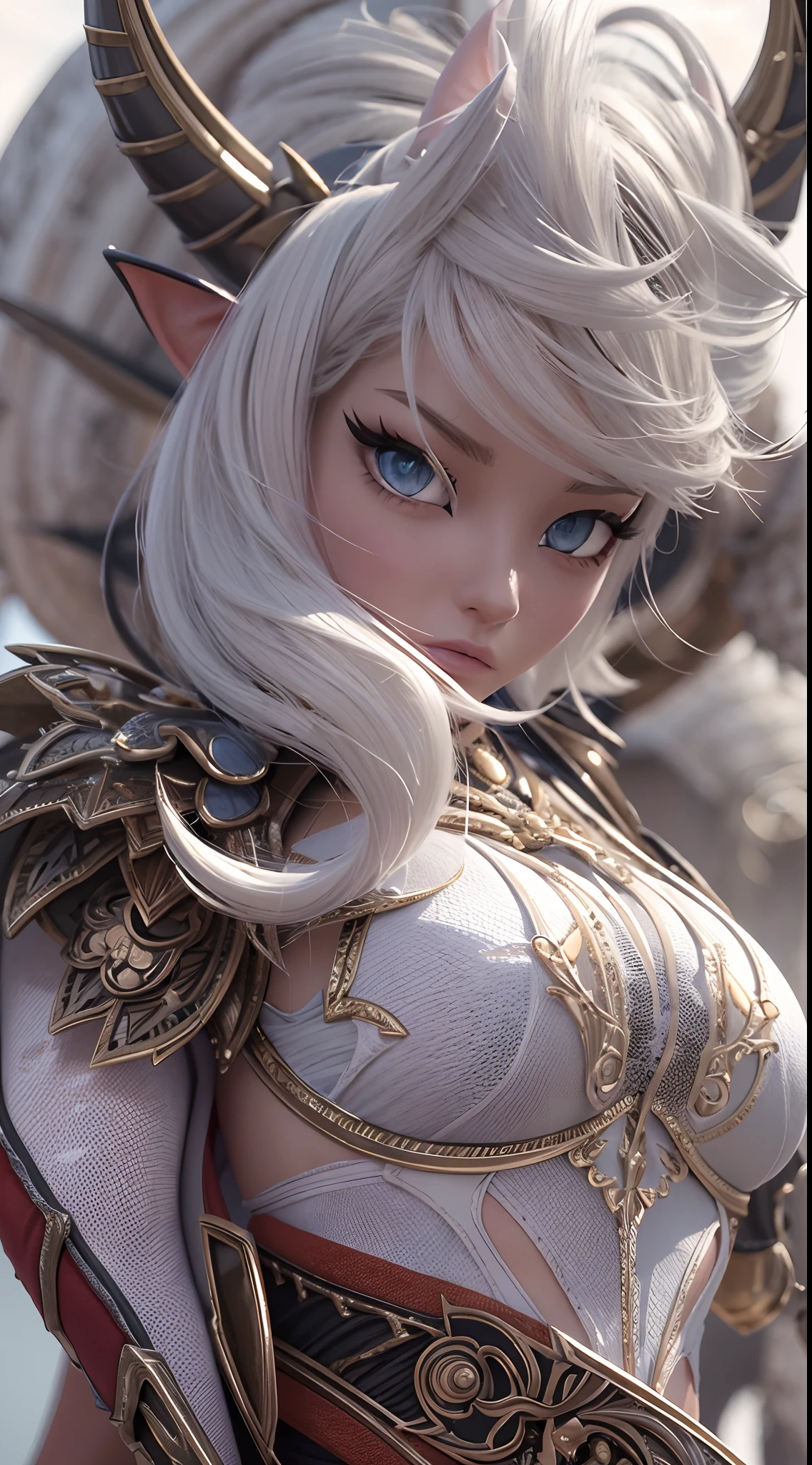 Close-up de uma garota com uma espada,corpo completo , personagem de fantasia ultra-detalhado, intrincado lindo estilo CGI anime, female demon suitable for white horns, fantasia de detalhe 4K, Iconic character of high detail, handsome biomechanical elf, personagem de fantasia complexa, High detail and very sharp and intricate art. octan render, 3D rendering 8K character art , deserto , Ruins of a castle , cidades