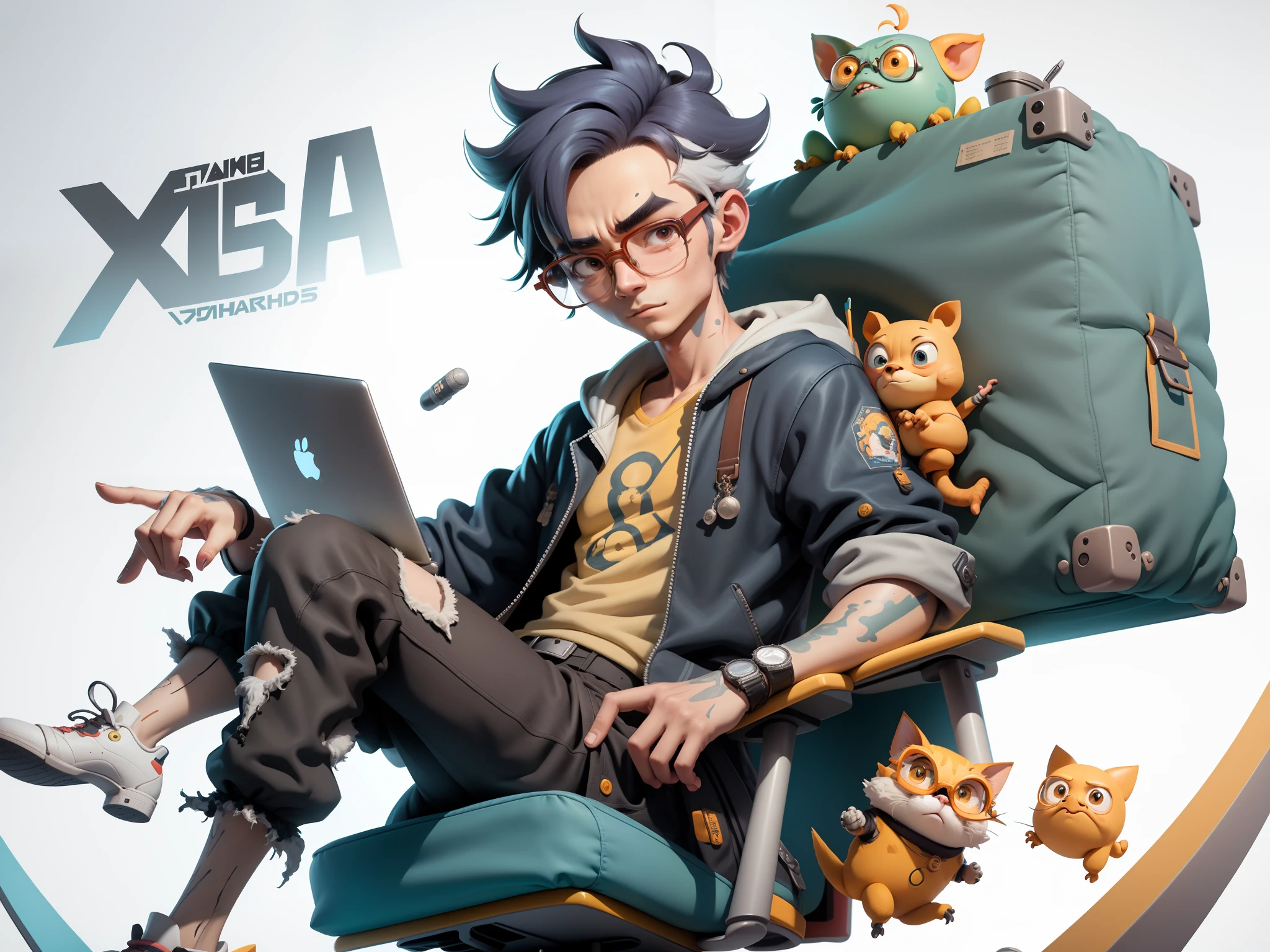 A young man with glasses sits at his desk,holding laptop,digitial painting,3D character design by Mark Clairen and Pixar and Hayao Miyazaki and Akira Toriyama,4K HD illustration,Very detailed facial features and cartoon-style visuals。