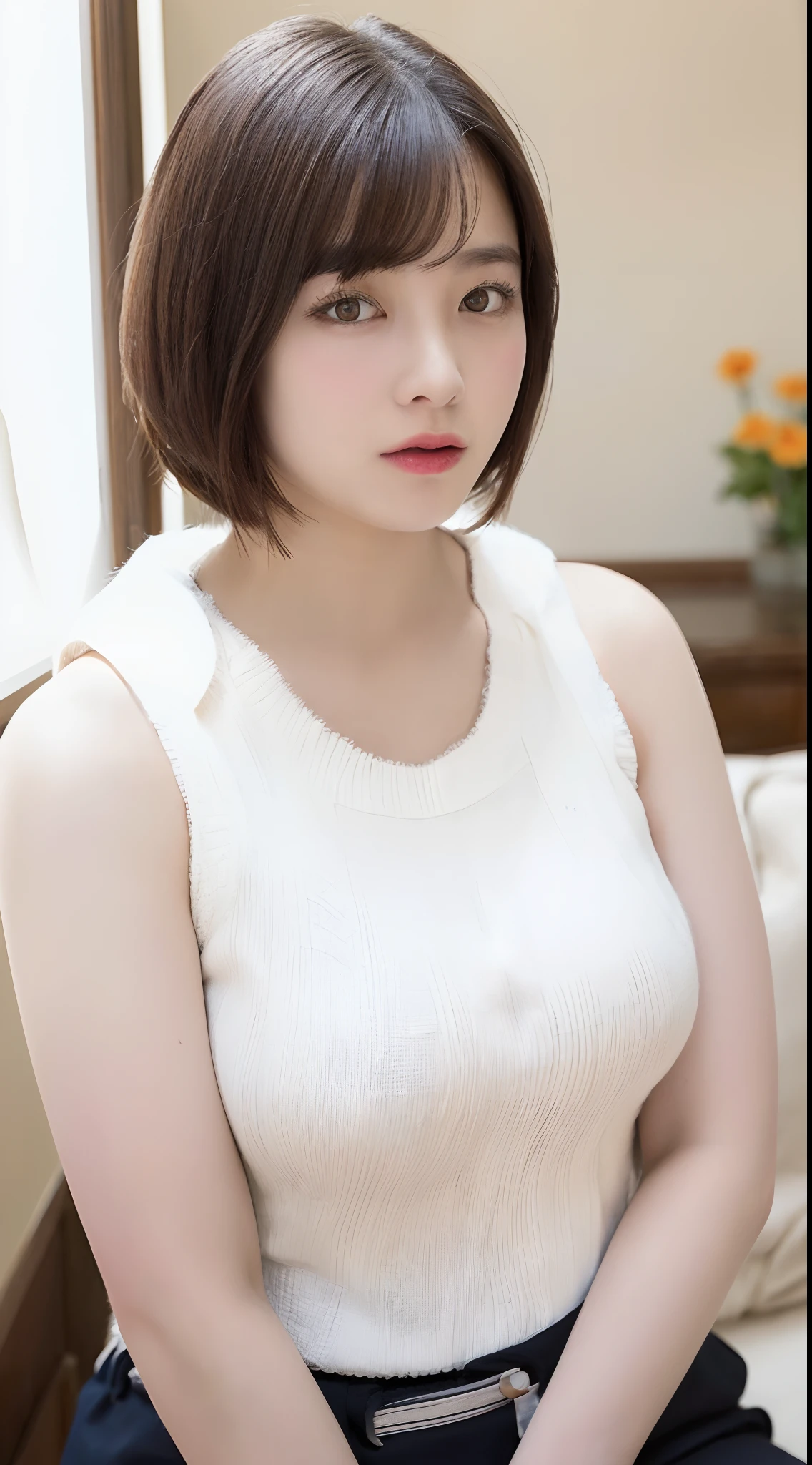 ((top-quality、8K、​masterpiece:1.3))、Detail Women:1.3、(Medium short hair、Colossal tits:1.4)、Tight sleeveless knitted clothing、ultra -detail、the detail、eyelid、Relax in the living room、Emphasized chest