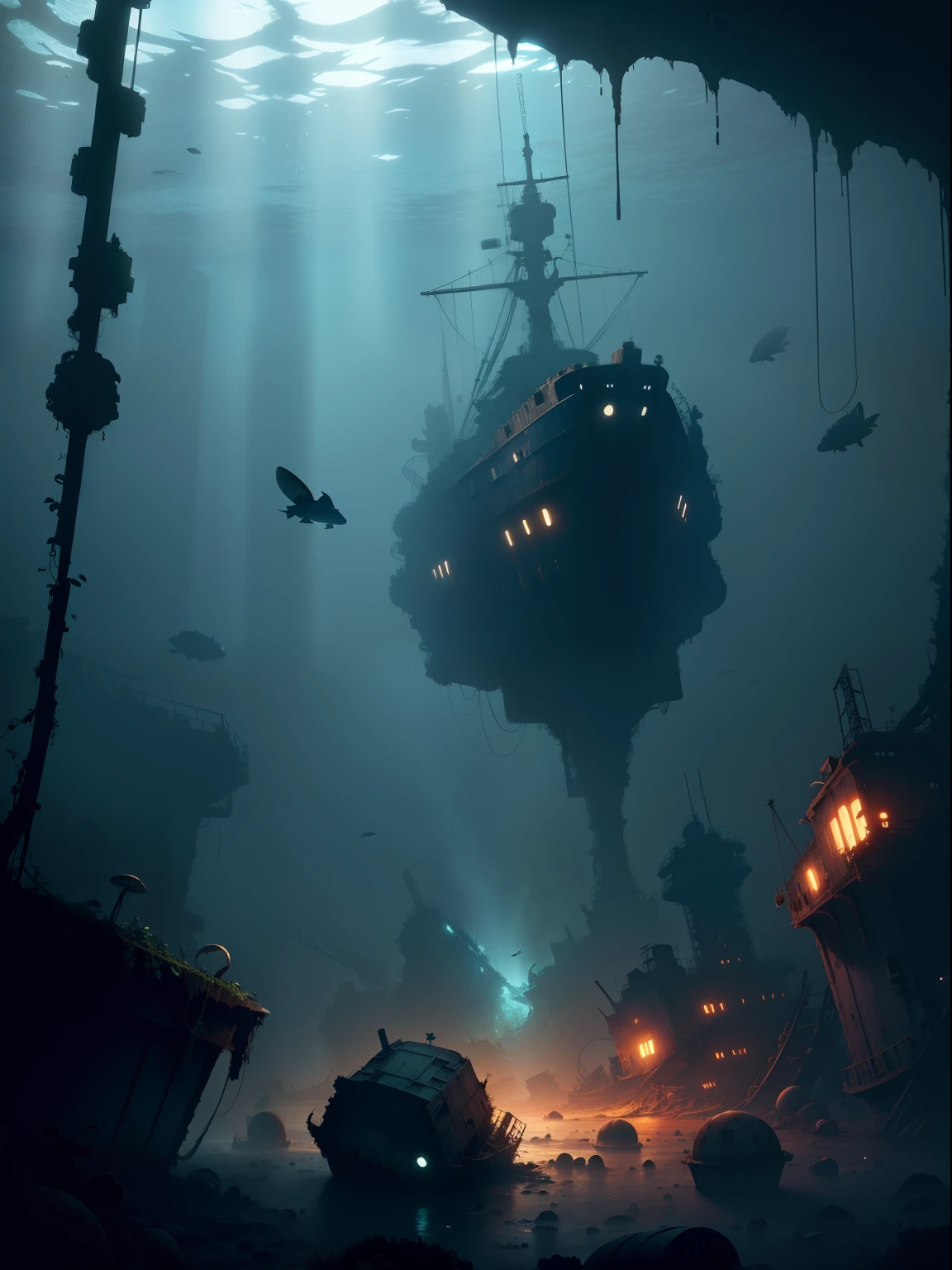 A sunken cargo ship deep underwater, Almost nothing is visible, Obscurity, rotten hull of the ship, overgrown with glowing mushrooms, Debris around, Mariana Trench