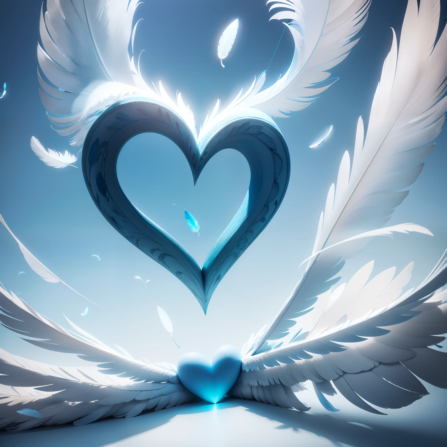A three-dimensional heart-shaped mass of light blue feathers is rolling on a white feather