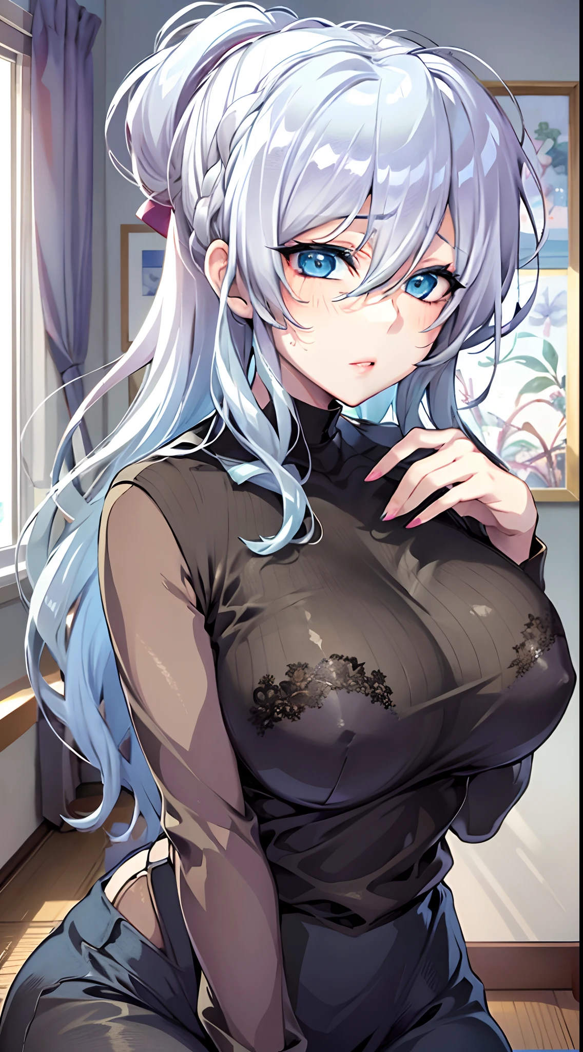 in bed, silver hair and  blue eyes, black shirt and no bra, anime visual of a cute girl, screenshot from the anime film, & her expression is solemn, in the anime film, in an anime, anime visual of a young woman, she has a cute expressive face, still from anime, big breast, red cheek, lustful face, fair skin