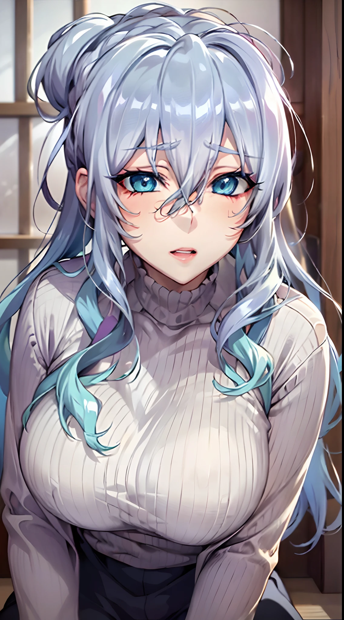 in bed, silver hair and  blue eyes, white shirt and no bra, anime visual of a cute girl, screenshot from the anime film, & her expression is solemn, in the anime film, in an anime, anime visual of a young woman, she has a cute expressive face, still from anime, big breast, red cheek, lustful face, fair skin