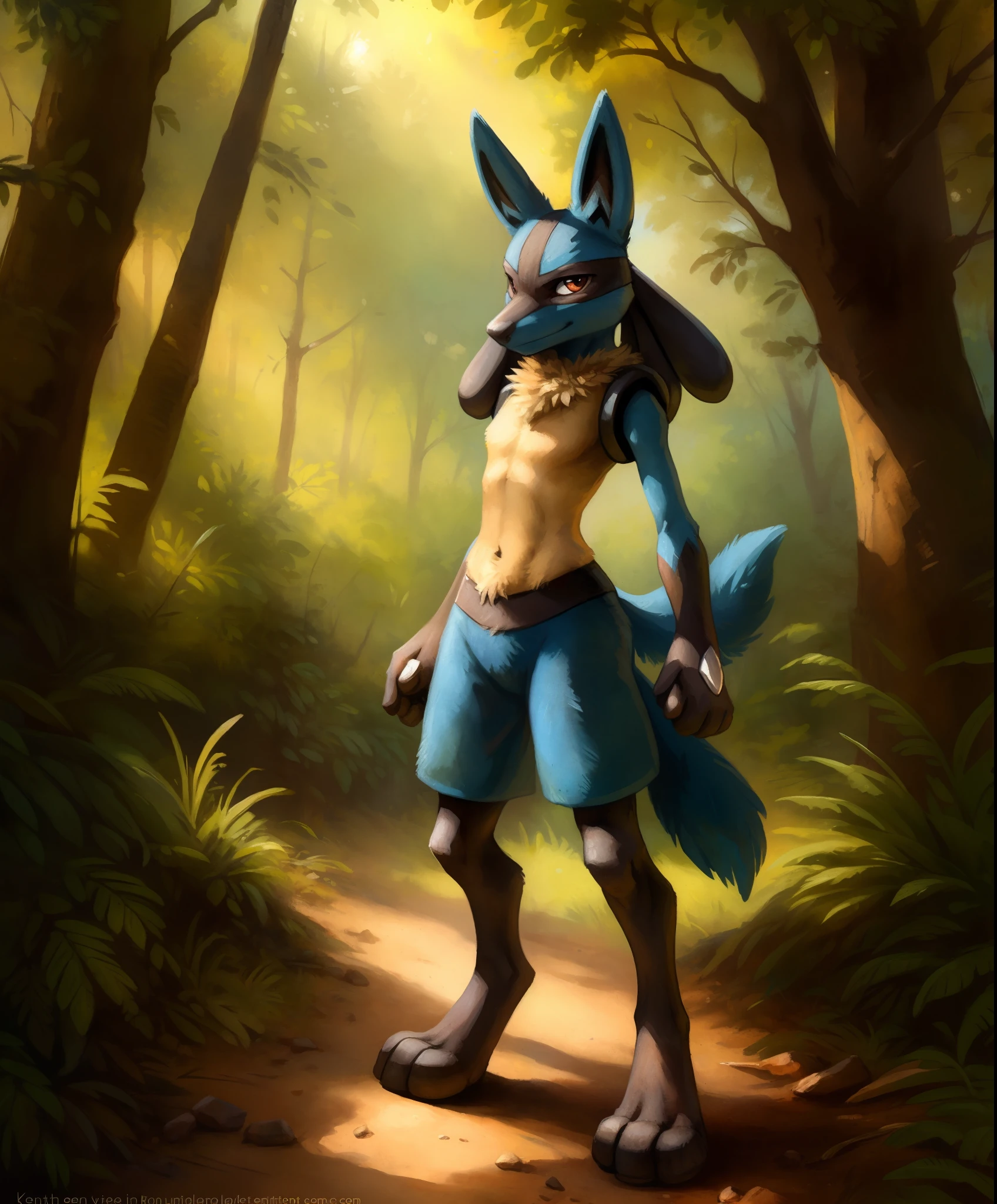 high quality photo, (full-length portrait of lucario ), looking at viewer, solo, forest, nature, detailed background, depth of field, by kenket