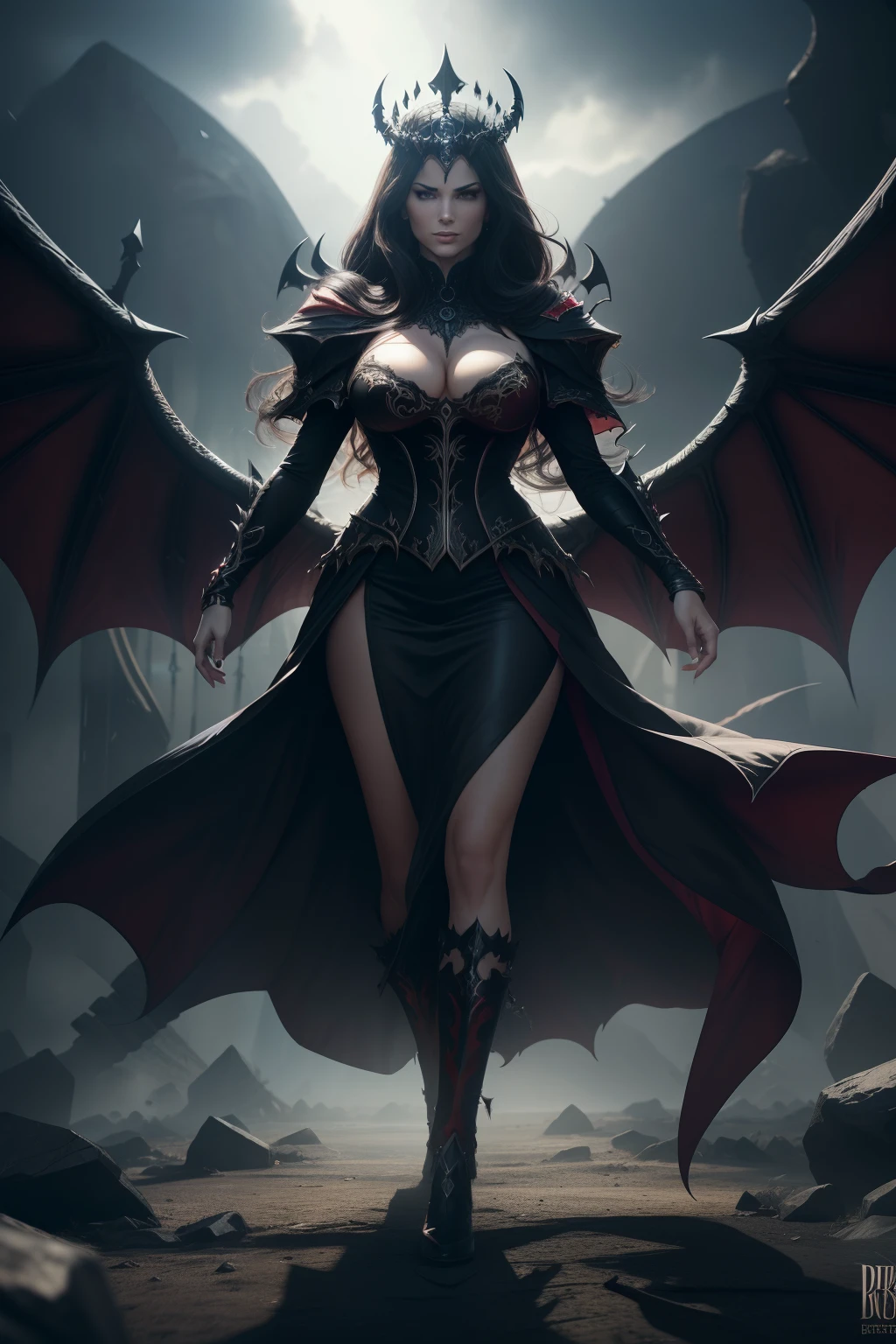 ultra detailed Lisa Ann as Empress of darkness, Hell destruction background, diabolical, insidious, invincible, dark crown, evil queen, dress black and red, demon wings dans le dos, demon horn, realistic detailed eyes, high quality cell shaded illustration in hell, full body, dynamic pose, perfect anatomy, centered, freedom, soul, approach to perfection, cell shading, 8k , cinematic dramatic atmosphere, global illumination, detailed and intricate environment, artstation, concept art, fluid and sharp focus, volumetric lighting, cinematic lighting
