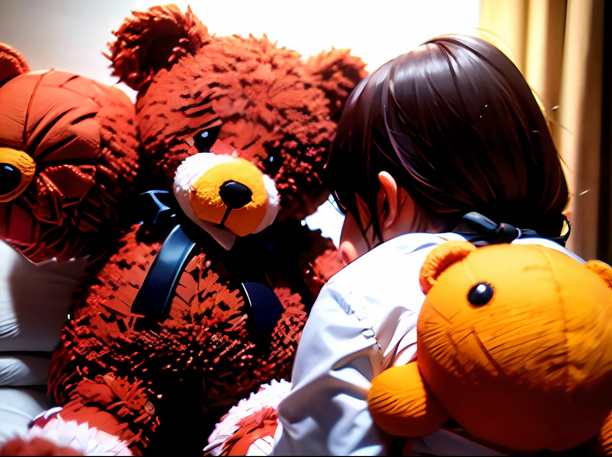 There is a woman wearing a red ribbon on a teddy bear, holding a teddy bear, Teddy Bear, Giving birth to a teddy bear, stuffed toy, toy commercial photo, Coronavirus as a stuffed animal, stuffed animal, plushies, Children's Toys, wallpaper - 1 0 2 4, cute and cuddly, pexels, Children, trending ,, Children's Toys, toy photography