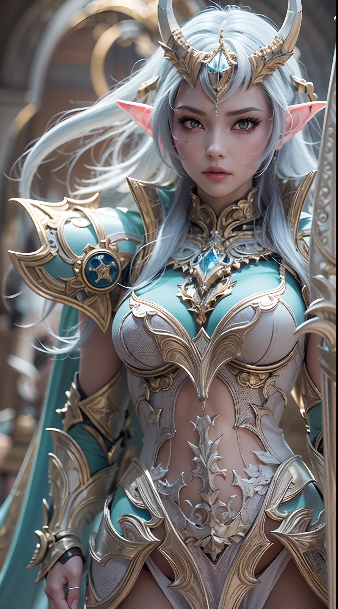 Close-up de uma garota com uma espada,corpo completo , personagem de fantasia ultra-detalhado, intrincado lindo estilo CGI anime, female demon suitable for white horns, fantasia de detalhe 4K, Iconic character of high detail, handsome biomechanical elf, personagem de fantasia complexa, High detail and very sharp and intricate art. octan render, 3D rendering 8K character art , deserto , Ruins of a castle