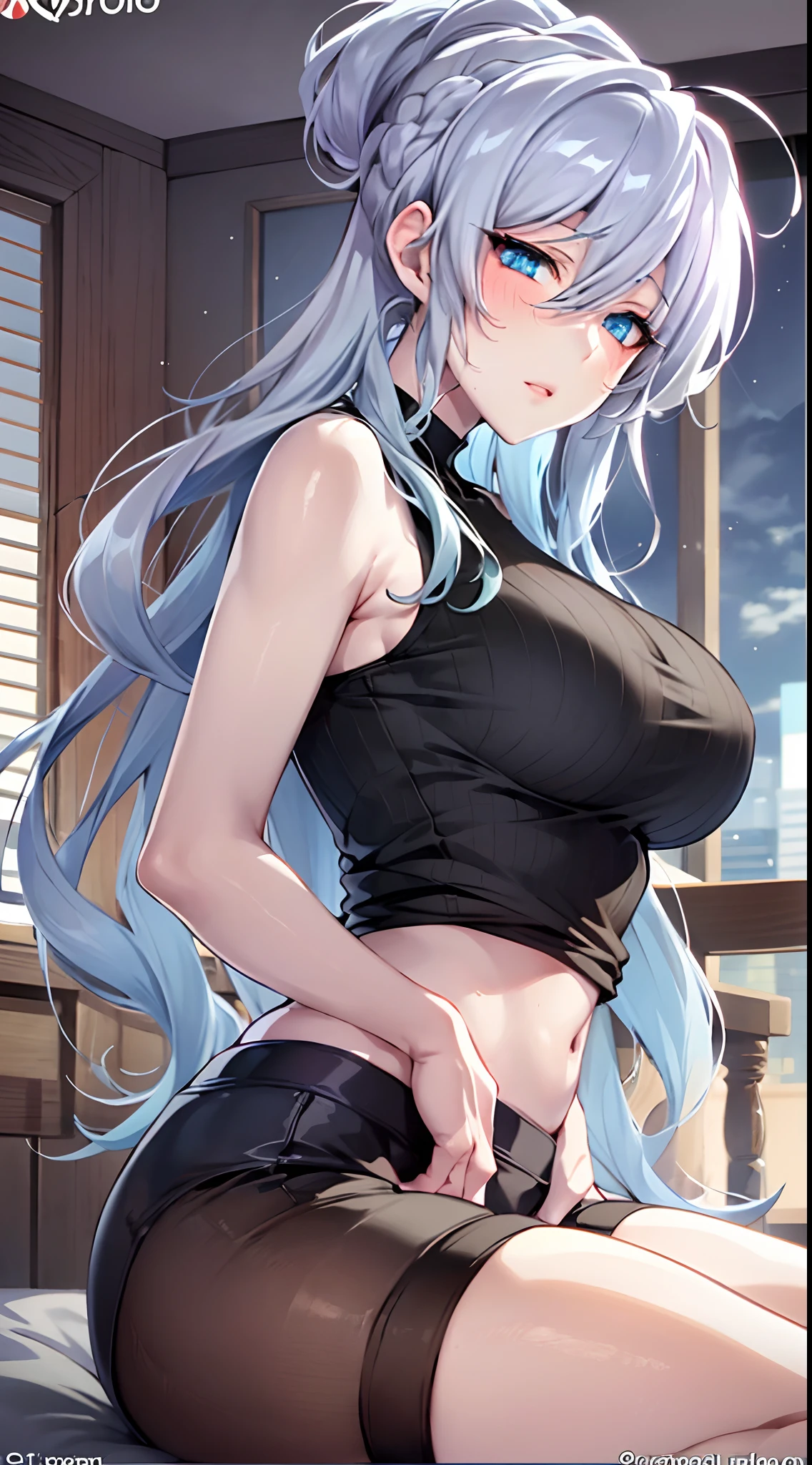 in bed, silver hair and blue eyes, black shirt and no bra, anime visual of a cute girl, screenshot from the anime film, & her expression is solemn, in the anime film, in an anime, anime visual of a young woman, she has a cute expressive face, still from anime, big breast, red cheek, lustful face, fair skin